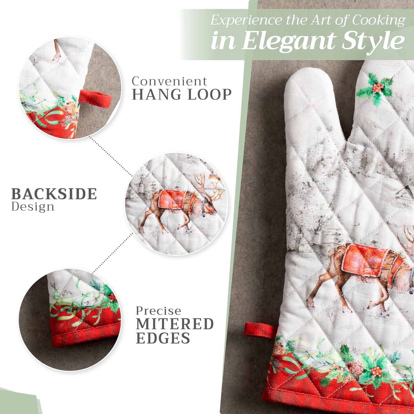 Maison d' Hermine 100% Cotton Oven Mitt & Pot Holder Set (7.5"x13" & 8"x8") Heat Resistant BBQ Cooking Gloves with Loop, Baking, Grilling, Kitchen, Handling Hot Pans (Christmas Tradition)