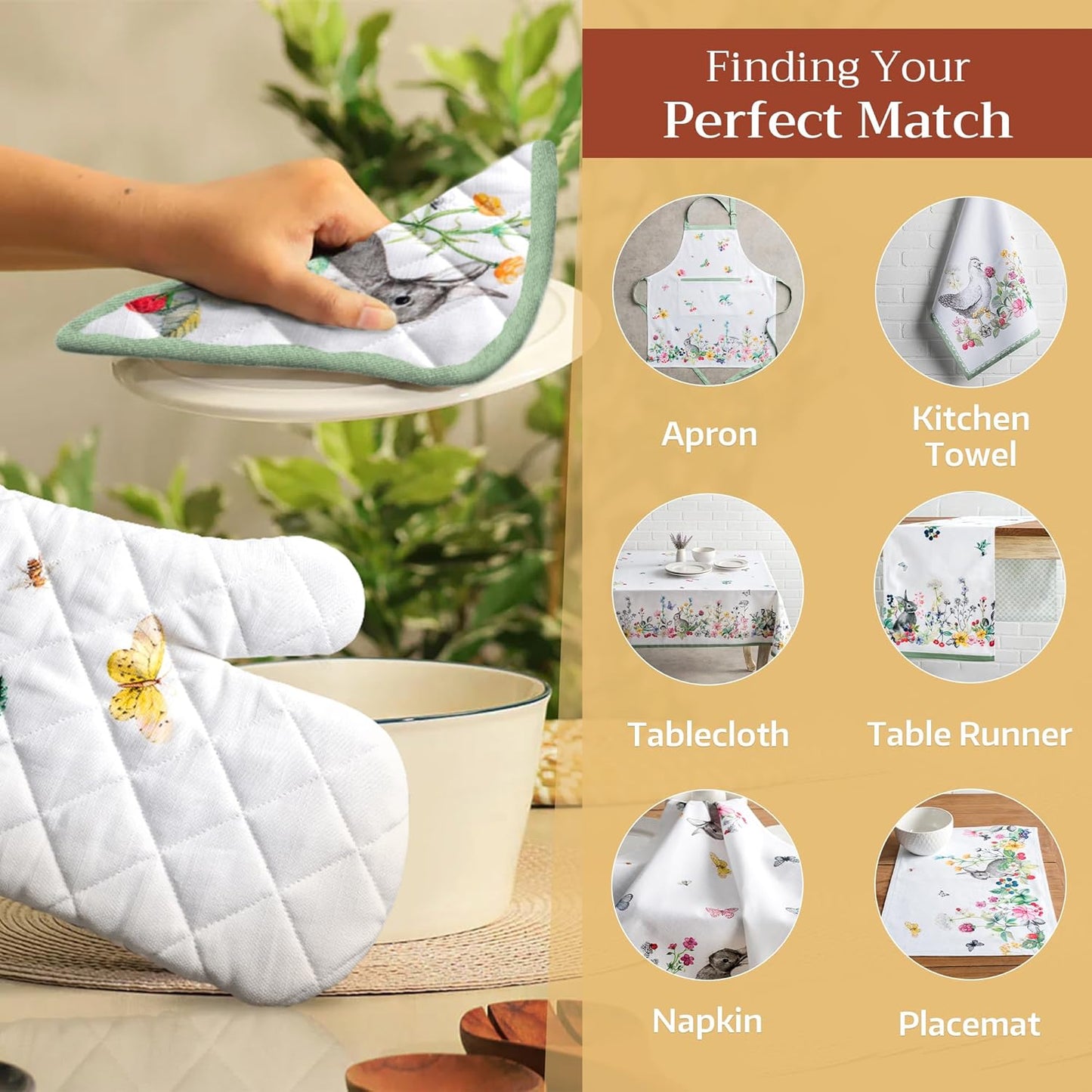 Maison d' Hermine Oven Gloves 100% Cotton Oven Mitt 7" x 13" with Loop Heat Resistant, BBQ, Cooking Gloves, Baking, Grilling, Kitchen, Handling Hot Pans Spring/Summer (Pack of 1, Printemps)