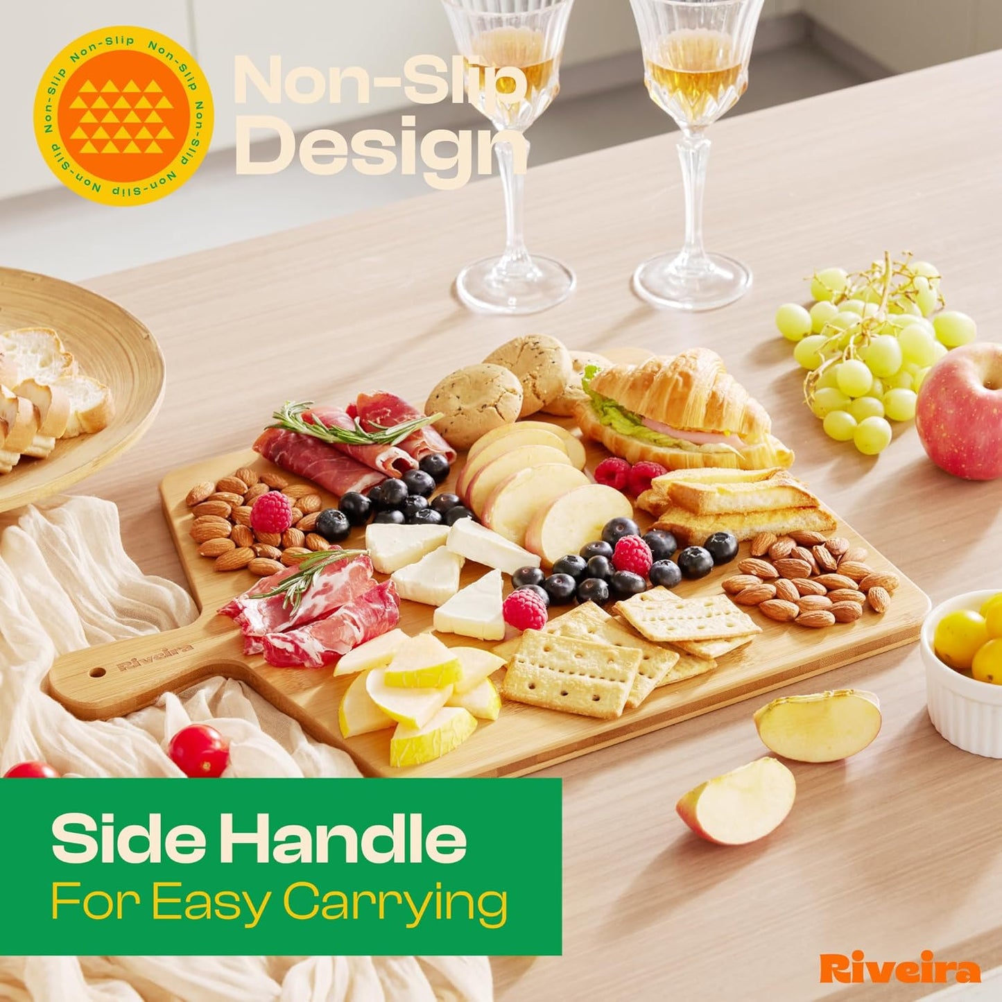 Riveira White Bamboo Wood Cutting Board – Gourmet Bamboo Grandeur: 17 x 13 Wooden Cutting Board – Wooden Cutting Boards For Kitchen Decorative – Innovative Juice Grooves Wooden Chopping Board