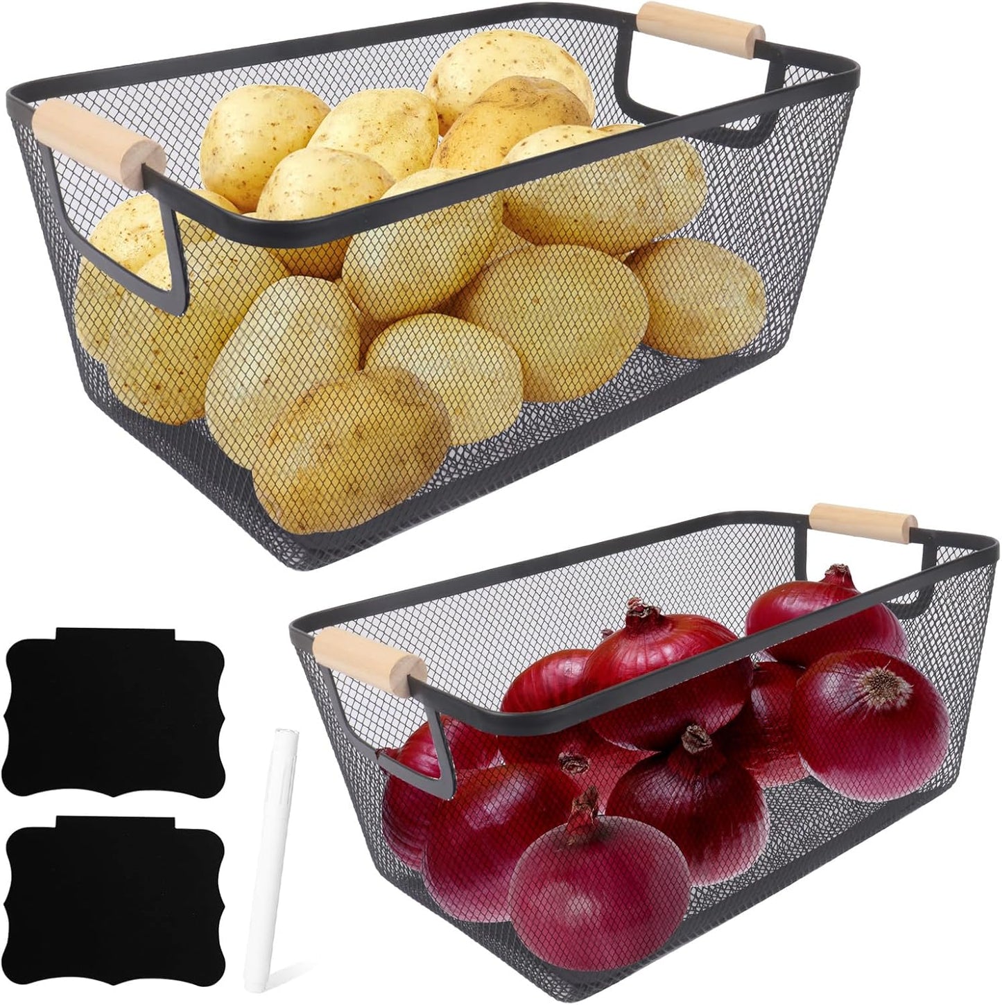 Potato and Onion Storage Bin, 2 Set Potato Bin Storage and Onion Container with Wooden Handle, Pantry Kitchen Organization and Storage, Metal Mesh Baskets for Fruit, Vegetable, Produce-Black