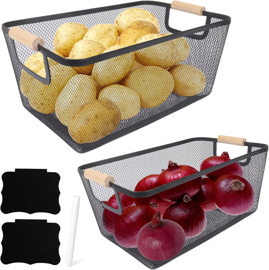 Potato and Onion Storage Bin, 2 Set Potato Bin Storage and Onion Container with Wooden Handle, Pantry Kitchen Organization and Storage, Metal Mesh Baskets for Fruit, Vegetable, Produce-Black