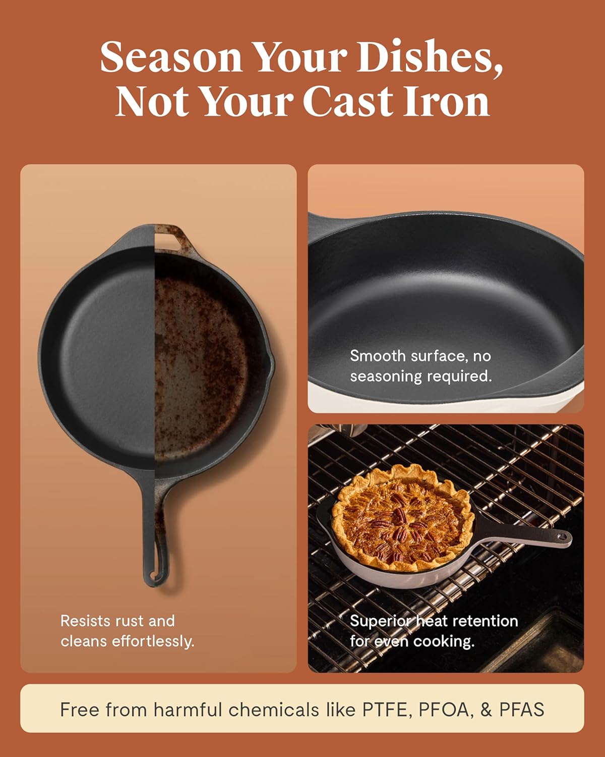 Caraway Cast Iron Skillet - 8” Enameled Cast Iron Pan With 3 Layer Enamel Coating - No Seasoning Required - Compatible With All Stovetops - Free From Forever Chemicals - Cream