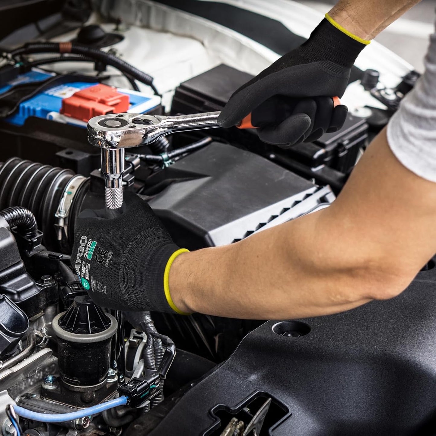 KAYGO Safety Work Gloves MicroFoam Nitrile Coated, 12 Pairs KG18NB,Seamless Knit Nylon Glove with full fingers Touchscreen, Ideal for Automotive,Warehouse,Construction (Small, Black)