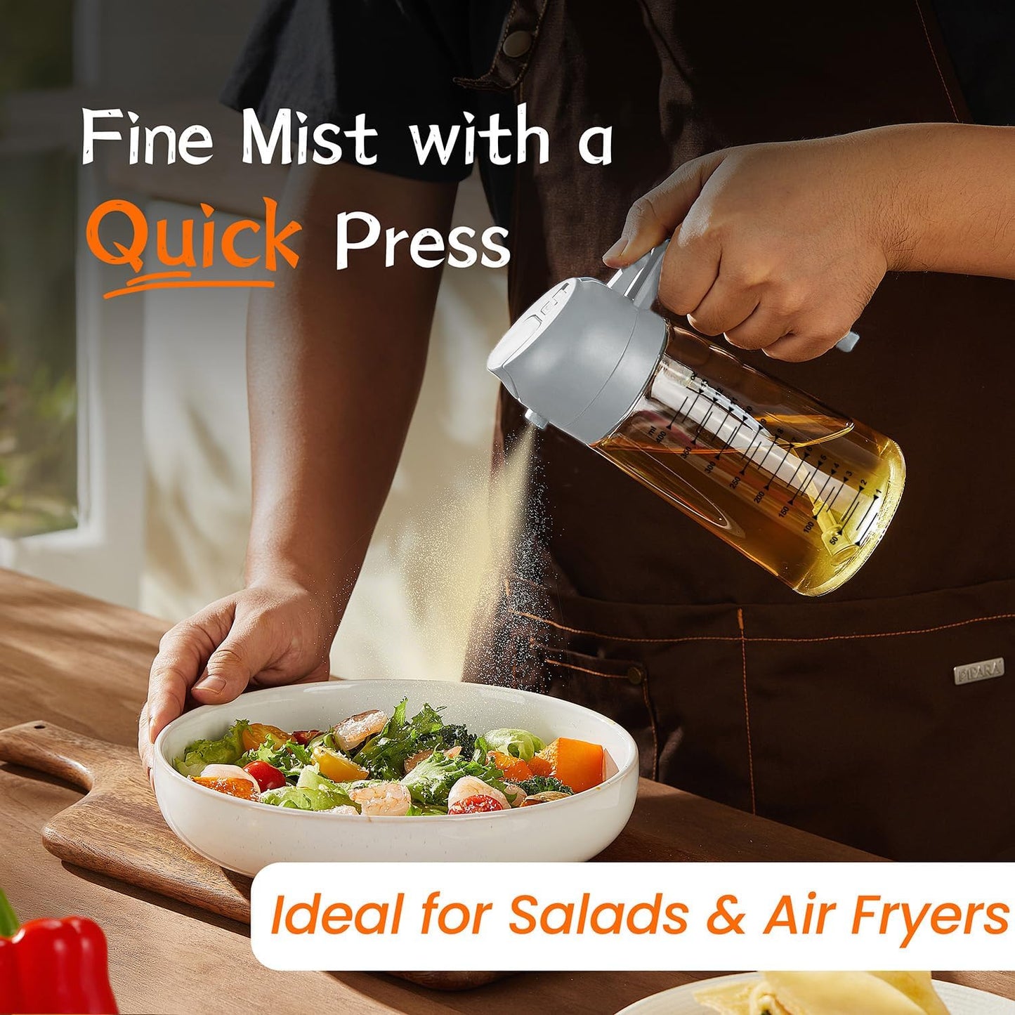 TrendPlain 16oz/470ml Glass Olive Oil Sprayer for Cooking – 2 in 1 Olive Oil Dispenser Bottle for Kitchen Gadgets and Air Fryer Accessories, Salad, BBQ - Ash