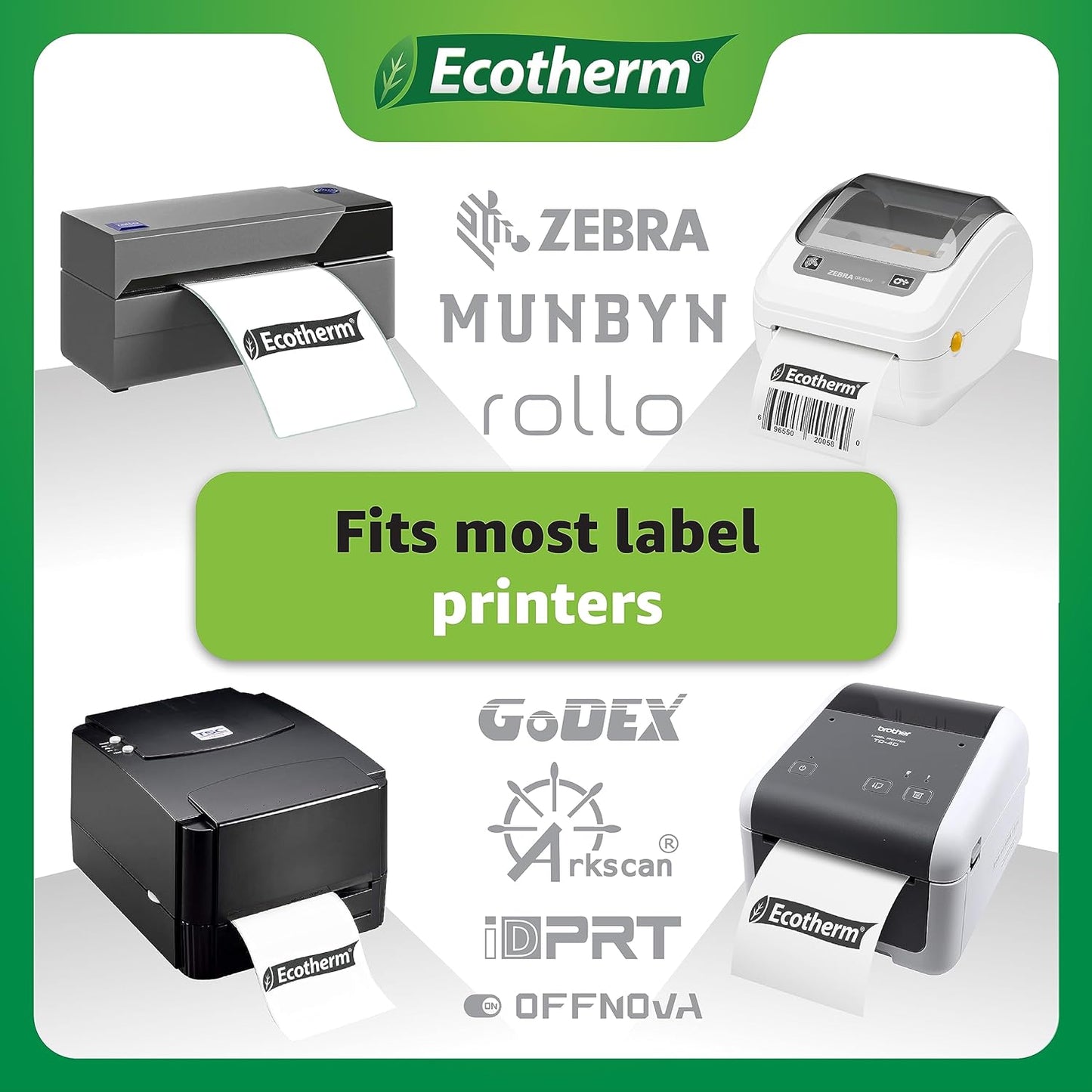 4" x 2.5" Thermal Labels | 4 Rolls | 2400 Labels | fits Zebra, Munbyn, Rollo, Godex, Arkscan, iDPRT, Offnova Thermal Label Printers and More | Blank White Adhesive Stickers by Ecotherm