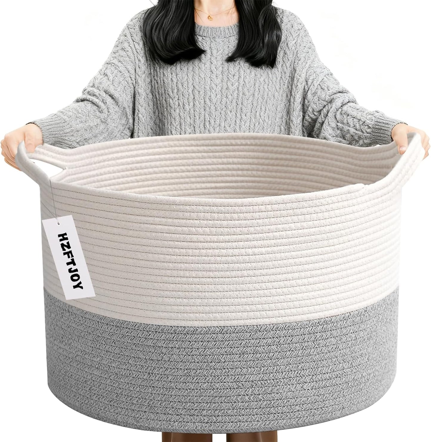 Large Blanket Basket for Organizing,115L Closet Organizers and Storage Bins Box for Shelves Woven Rope Storage Baskets,Living Room,Bedroom,Dorm,Laundry room (White&Grey)