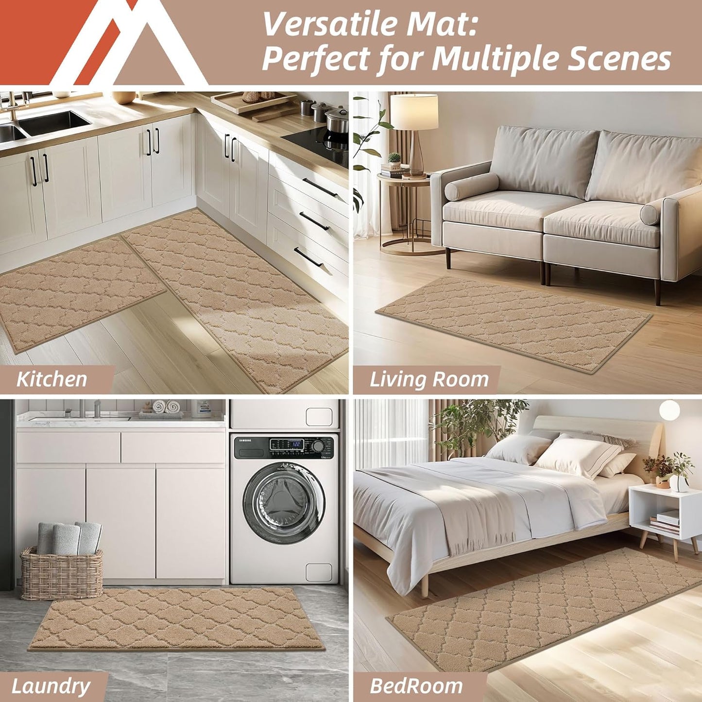 COSY HOMEER Soft Kitchen Rugs [2 PCS] for in Front of Sink Super Absorbent Kitchen Floor Mats and Mats 20x30 Inch/20X48 Non-Skid Kitchen Mat Standing Mat Washable,Polyester,Beige