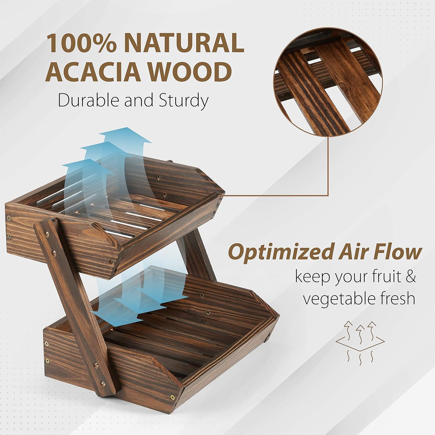 Large Capacity 2-Tier Wooden Fruit Basket, Durable Acacia Wood, 10.5" Tall, Spacious for Produce, Vegetables, Bread Storage and Home Kitchen Countertop