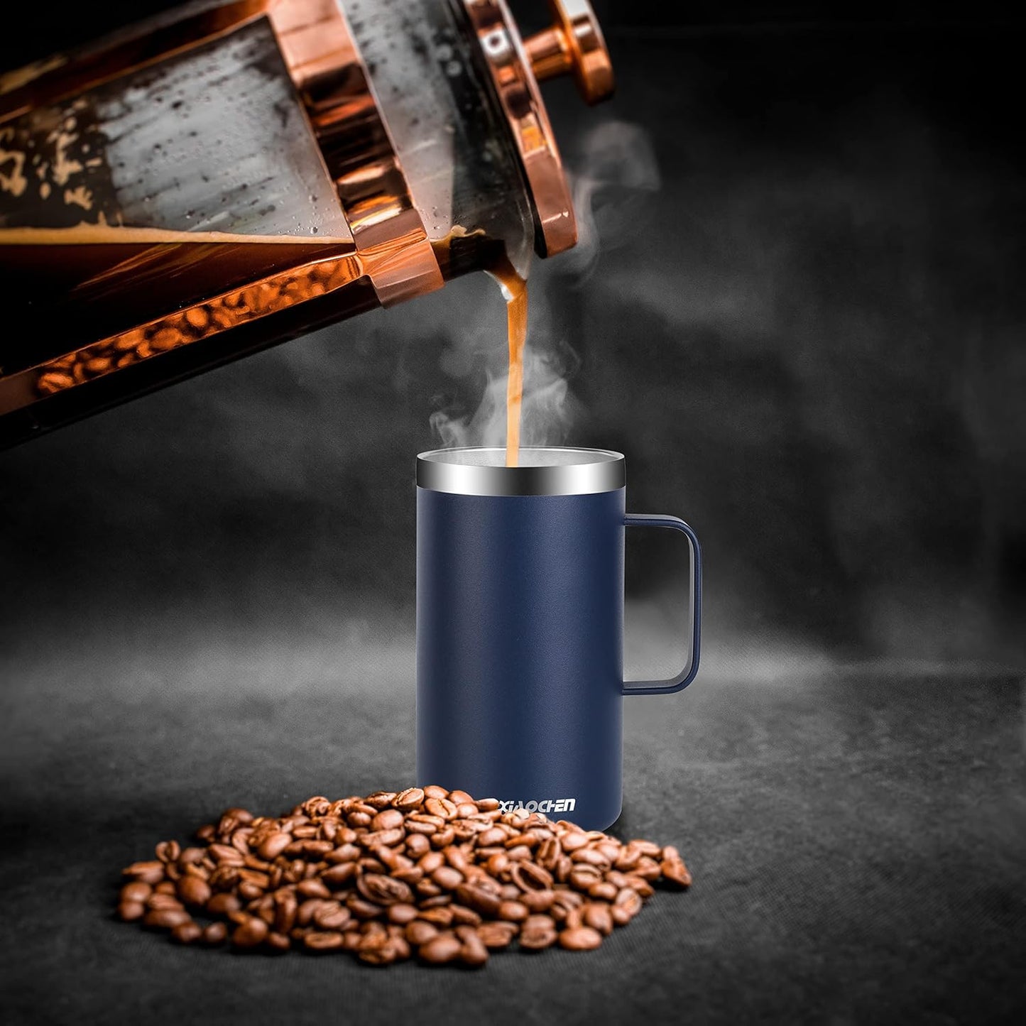 KXIAOCHEN 20oz Insulated Coffee Mug with Lid, Stainless Steel Coffee Cup, Double Wall Vacuum Coffee Tumbler with Handle, Premium Thermal Travel Coffee Mug (Navy blue 2Pack)