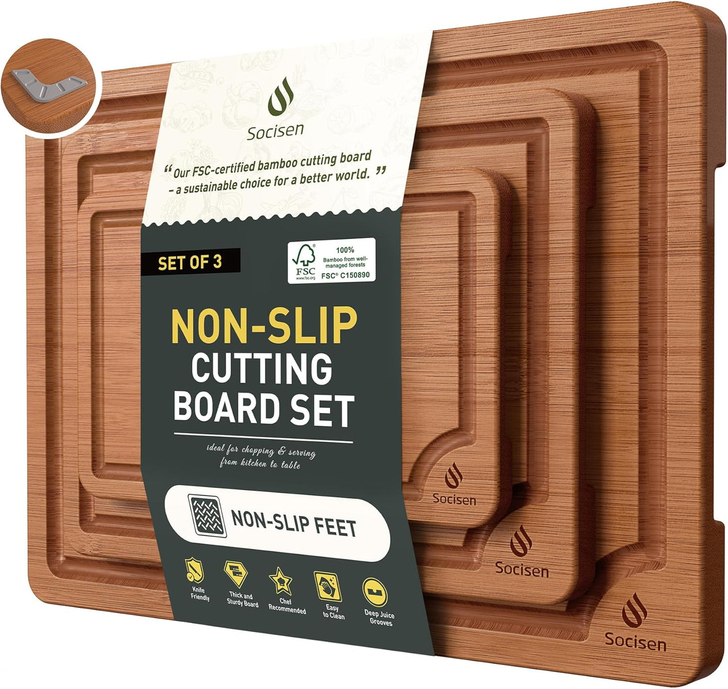 3 Packs Bamboo Cutting Board Set with Non Slip Feet and Over Sink Nice Solid Thick Wood Juice Groove Chopping Board Extra Large Big Small Best Hardwood Counter Organic Vegetable Kitchen Gadgets
