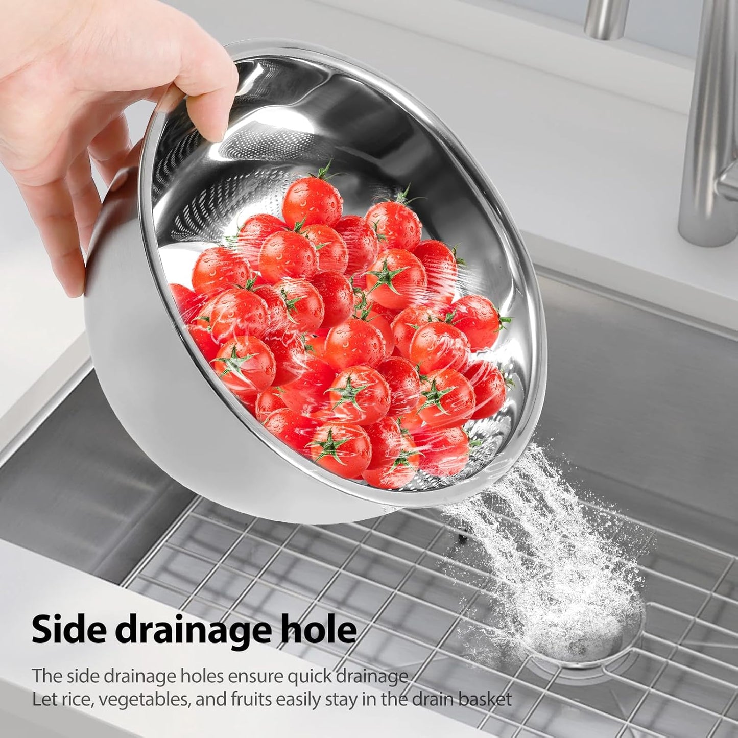 4PCS Rice Washer Strainer Bowl with Side Drainers Stainless Steel Rice Washing Bowl Multifunctional Colander for Cleaning Rinsing Fruits Vegetables Beans Silver