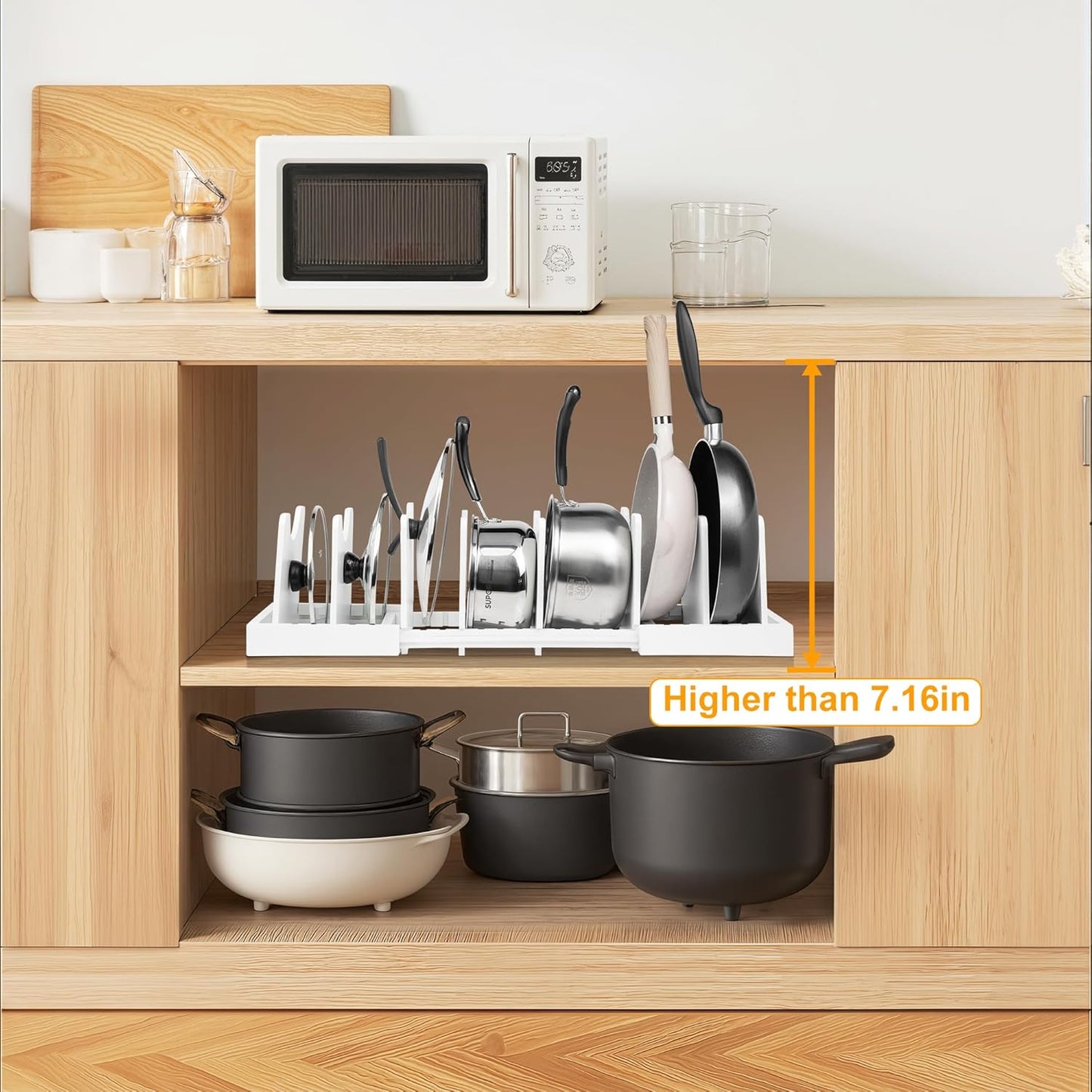 MinBoo Bamboo Expandable Pot Lid Organizer Pot Lid Holder, Pot and Pan Organizer Drawer Organizer for Pot Lids, Adjustable Dividers for Kitchen Cabinet Organizers and Storage,White,Large