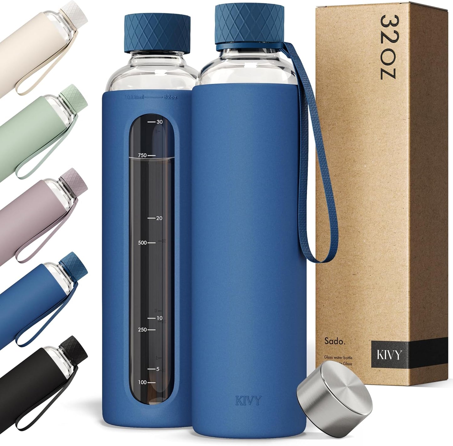 KIVY Glass Water Bottle with Silicone Sleeve 32 oz [WITH MEASUREMENT] - Borosilicate Glass Water Bottle Screw Top - Clear Bottles with Measurement Marking - Slim Waterbottle Aesthetic - Blue