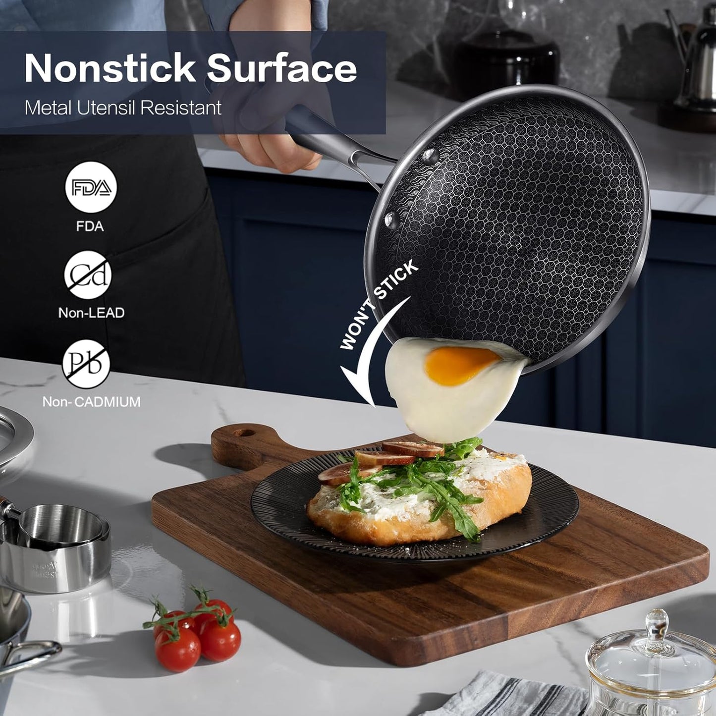 Non Stick Frying Pan Set, 8, 10 and 12-Inch Hybrid Non Toxic Fry Skillet with Lids, Dishwasher and Oven Safe, Induction Ready, Silver Kitchen Cookware set (7-Piece Pan Set)