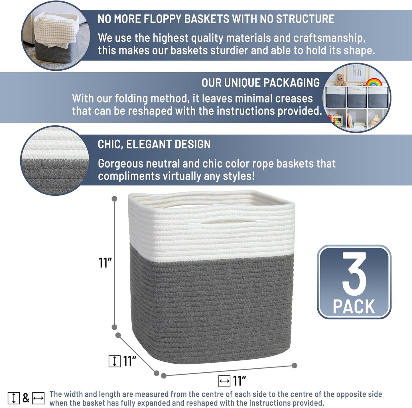 NaturalCozy Storage Cubes 11 Inch Cotton Rope Woven Baskets for Organizing, 3-Pack | Cube Storage Bin | Square Storage Baskets for Shelves Organizer, Classroom, Kids Toy Bins, Closet, Baby Nursery