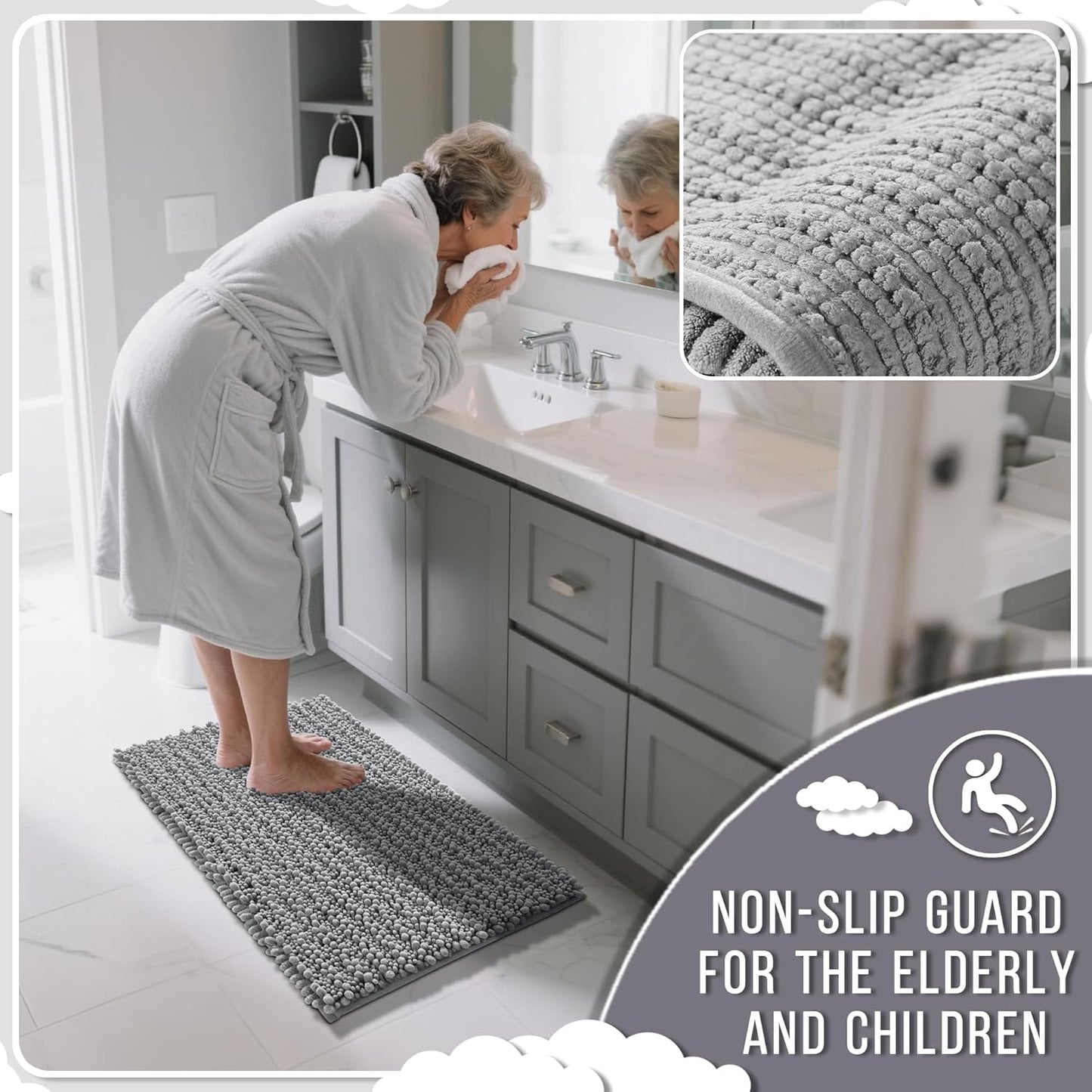 Yimobra Bathroom Rugs Non Slip Washable 32x20 Inch - Ultra Soft Absorbent Chenille Bath Mat, Quick Dry Shaggy Floor Carpet for Tub Shower, Gray Home Decor Accessories