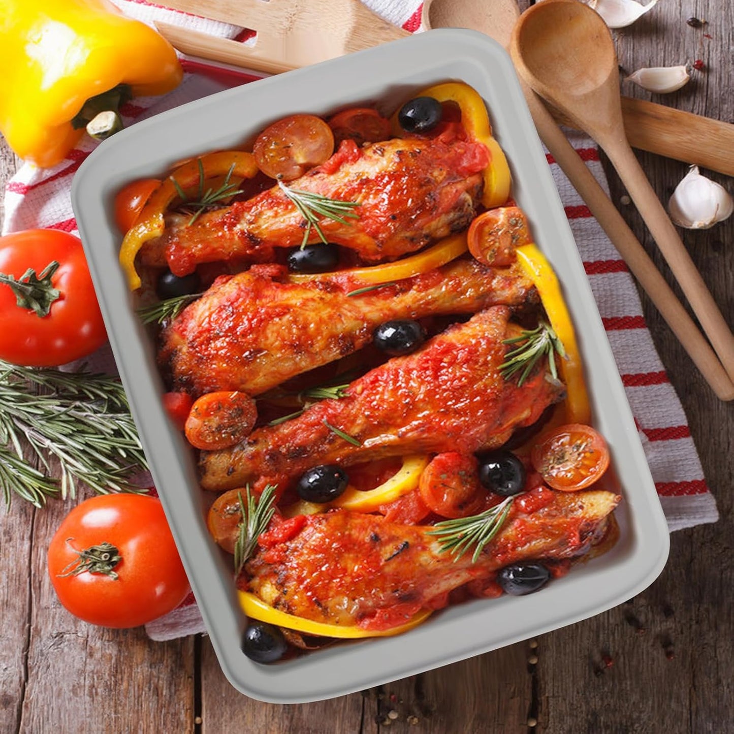 Silicone Baking Mold, Detroit Style Pizza Pan, Rectangular Baking Dish with Handles, Compatible with Fancy Panz, for Lasagna, Cake, Brownie or Family Dinner, 12.6 x 9.8 x 2.1 Inch (2 Pack, Grey)