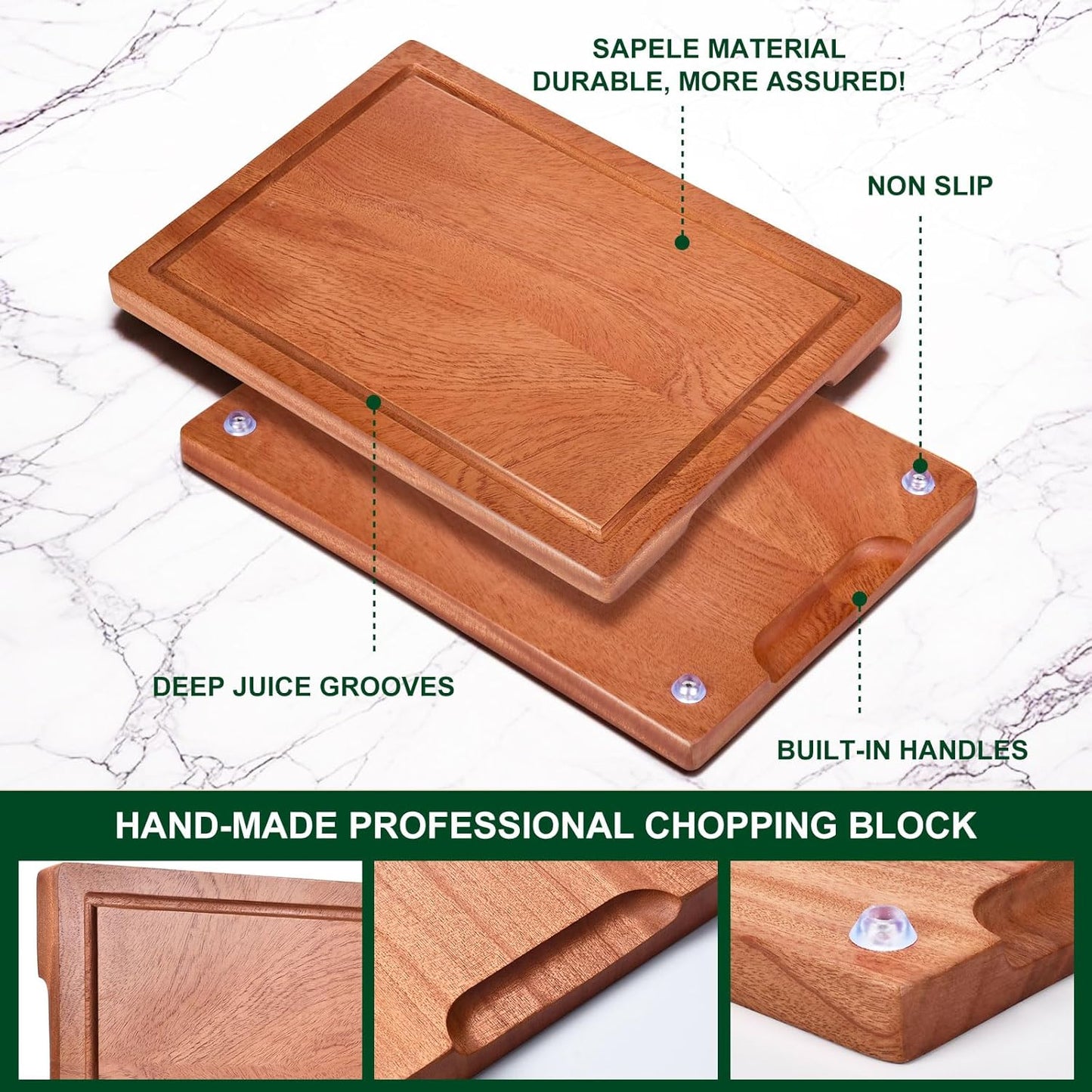 Wooden Cutting Board Set of 4 with Holder Non Toxic Solid Sapele Wood Chopping Boards for Kitchen with Juice Grooves Thick Large Cutting Board (9x7 to 16x12 In) for Meat Vegetables Cheese （Brown）