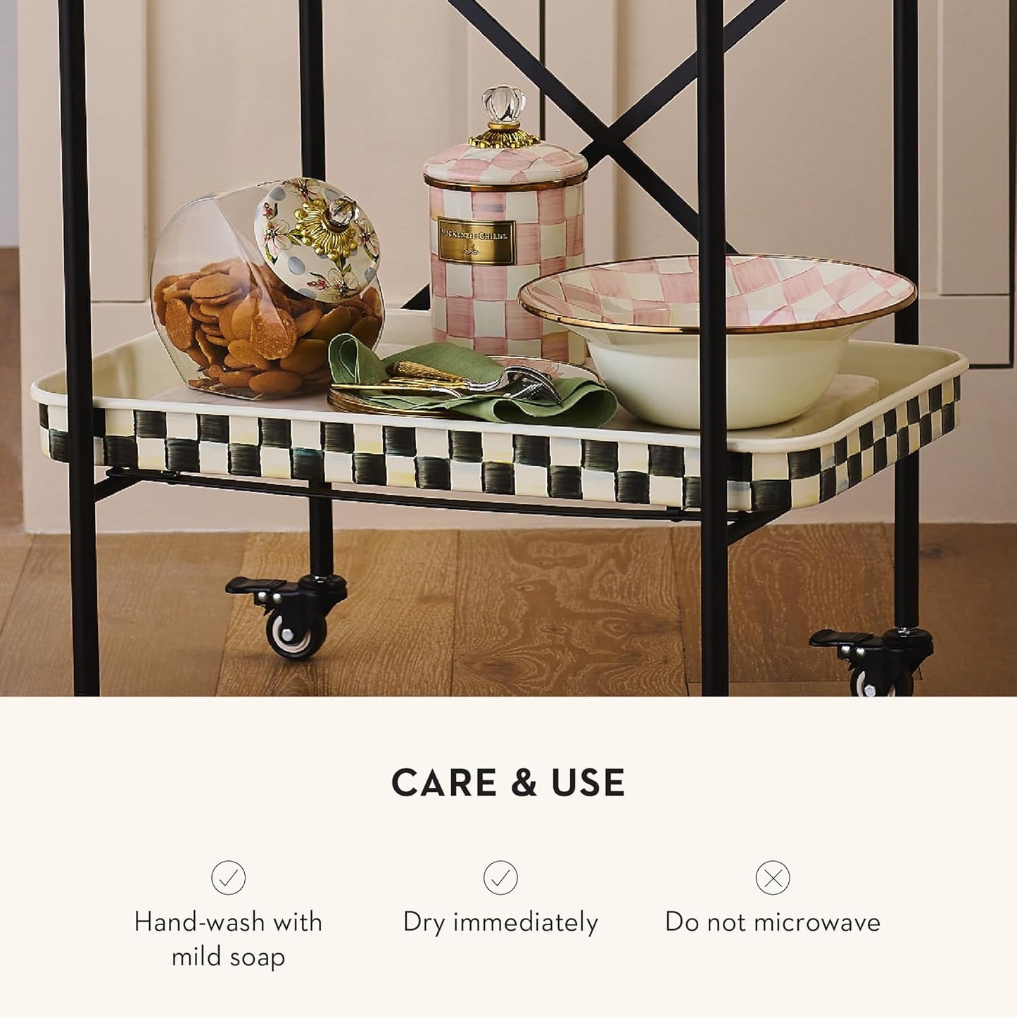 MACKENZIE-CHILDS Enamel Salad Serving Set, Enamel Bowl and Wooden Salad Servers, Decorative Kitchen Set, Pink-and-White Rosy Check