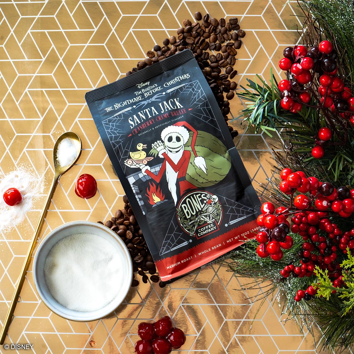 Bones Coffee Company The Nightmare Before Christmas Santa Jack Flavored Coffee Beans, Whole Bean Coffee Medium Roast Low Acid, Cranberry Creme Brulee Flavor (12 oz)