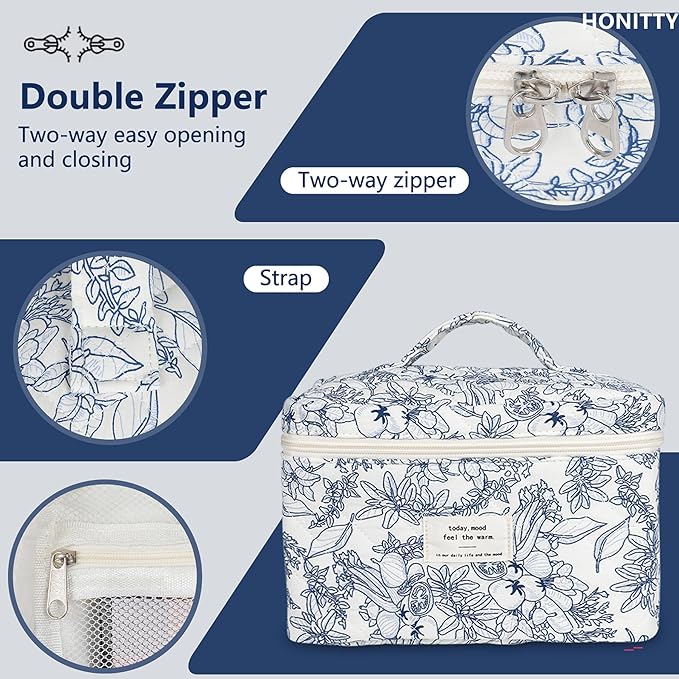 Makeup Bag,Quilted Cosmetic Bags,Large Floral Make Up Bags for Women, Makeup Organize,Flower Travel Toiletry Bag
