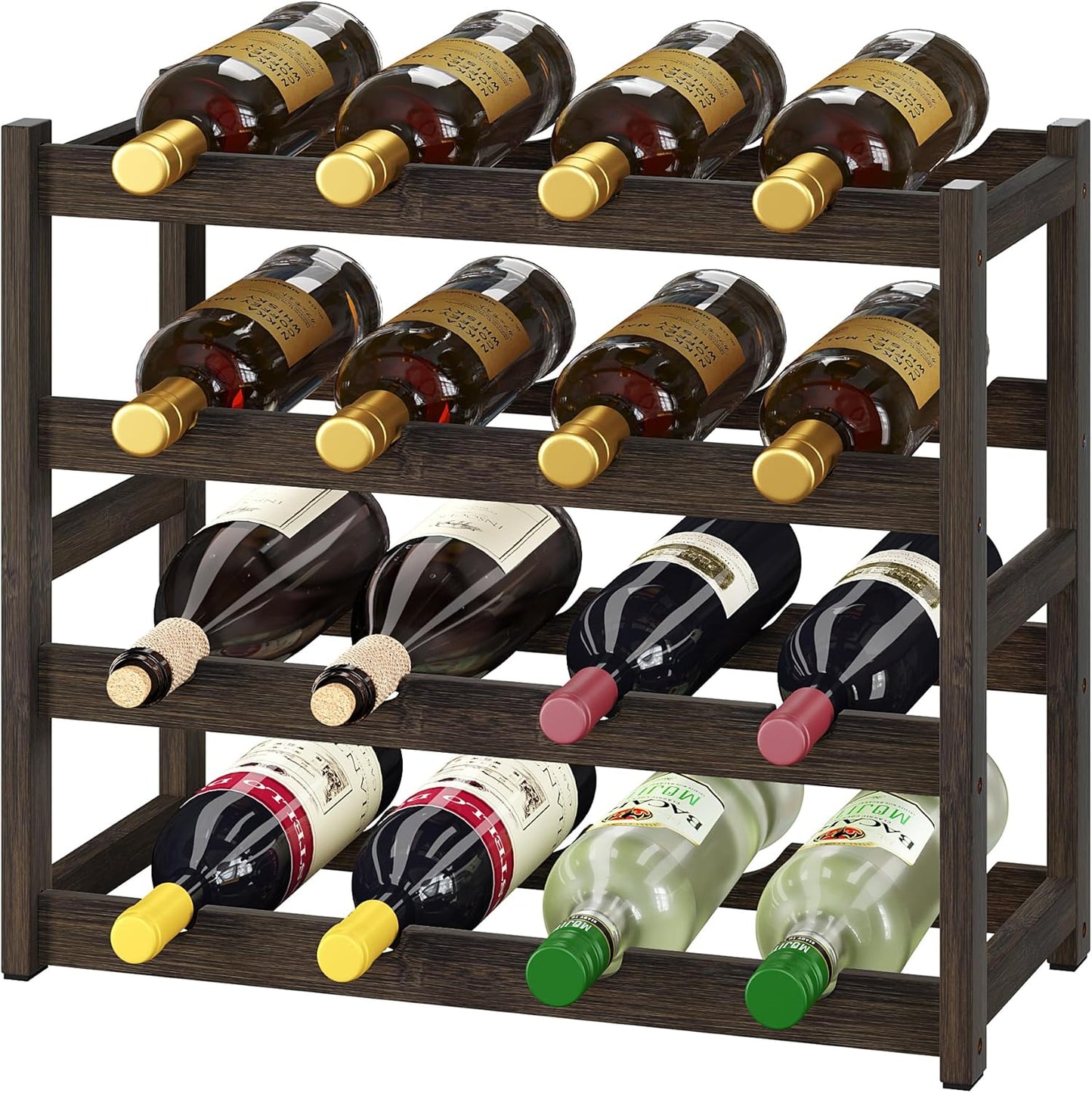 BAMEOS Bamboo Wine Rack Storage, 4 Tier Wine Racks Countertop, Wine Rack Freestanding Floor Wine Holder Cabinet for Kitchen, Bar, Pantry, Wine Cellar, Basement,Study (16.85 L x 9.25W x 17.24H)