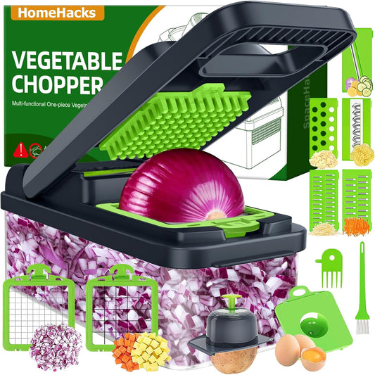 HomeHacks Vegetable Chopper Vegetable Cutter, 12 in 1 Multi-Functional Kitchen Gadget Set - Dicer, Slicer, Cutter, Julience, Cheese Grater, Egg Separator, Hand Guard - Veggie Chopper Lid with Handle