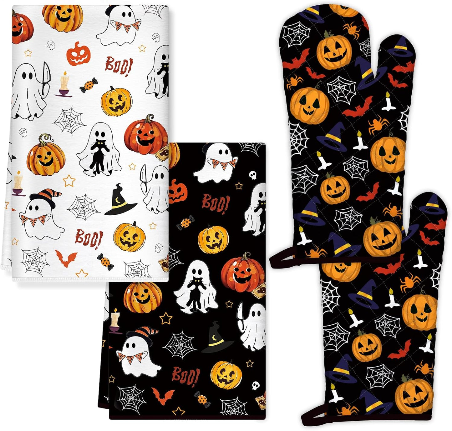 Halloween Pumpkin Kitchen Towels and Oven Mitts Set 4Pcs, Soft Absorbent Dish Cloth Heat Resistant Oven Gloves for Cooking Baking Kitchen Decoration, Gifts for Her