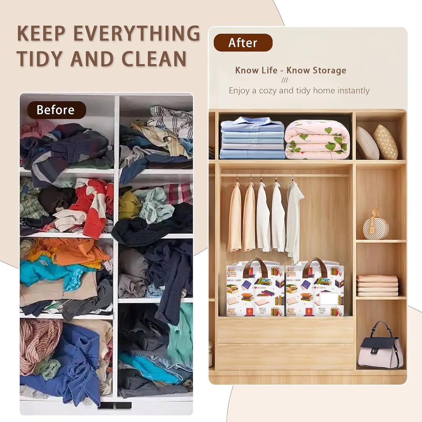 Book Lover Storage Basket Large 17x11.5x10.5 Inche-Collapsible Fabric Organizer Bin with Handles for Library, Reading Nook, Office-Foldable Decorative Hamper with Classic Book Spine Design-Single Pack