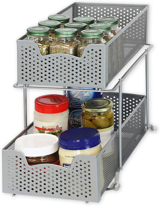 Simple Houseware 2 Tier Sliding Cabinet Basket Organizer Drawer, Silver