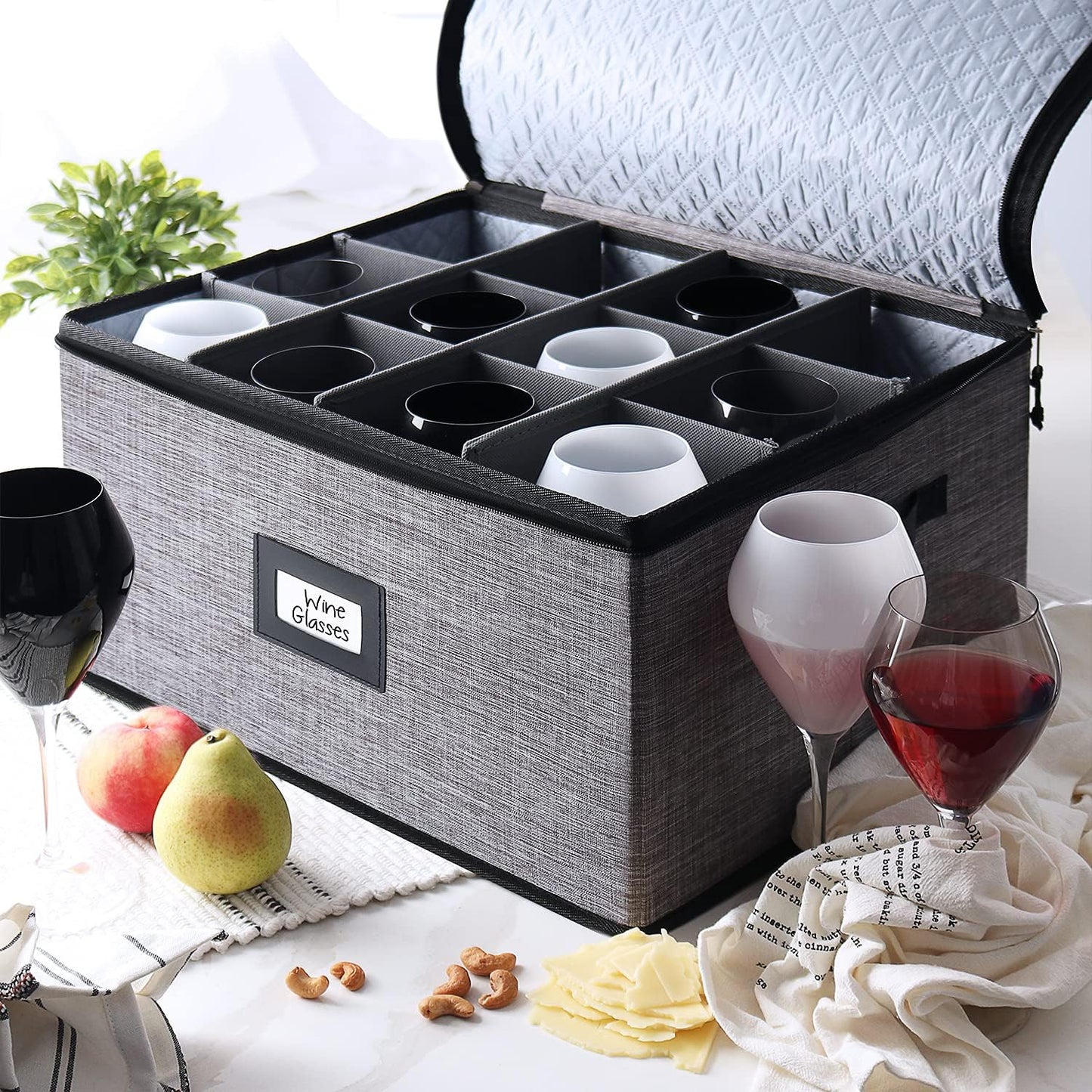 Wine Glass Storage Box with Dividers, Quilted and Stackable Stemware Storage Cases, Service of 12 Glassware Storage Containers, China Storage Containers Hard Shell for Moving and Seasonal Storage