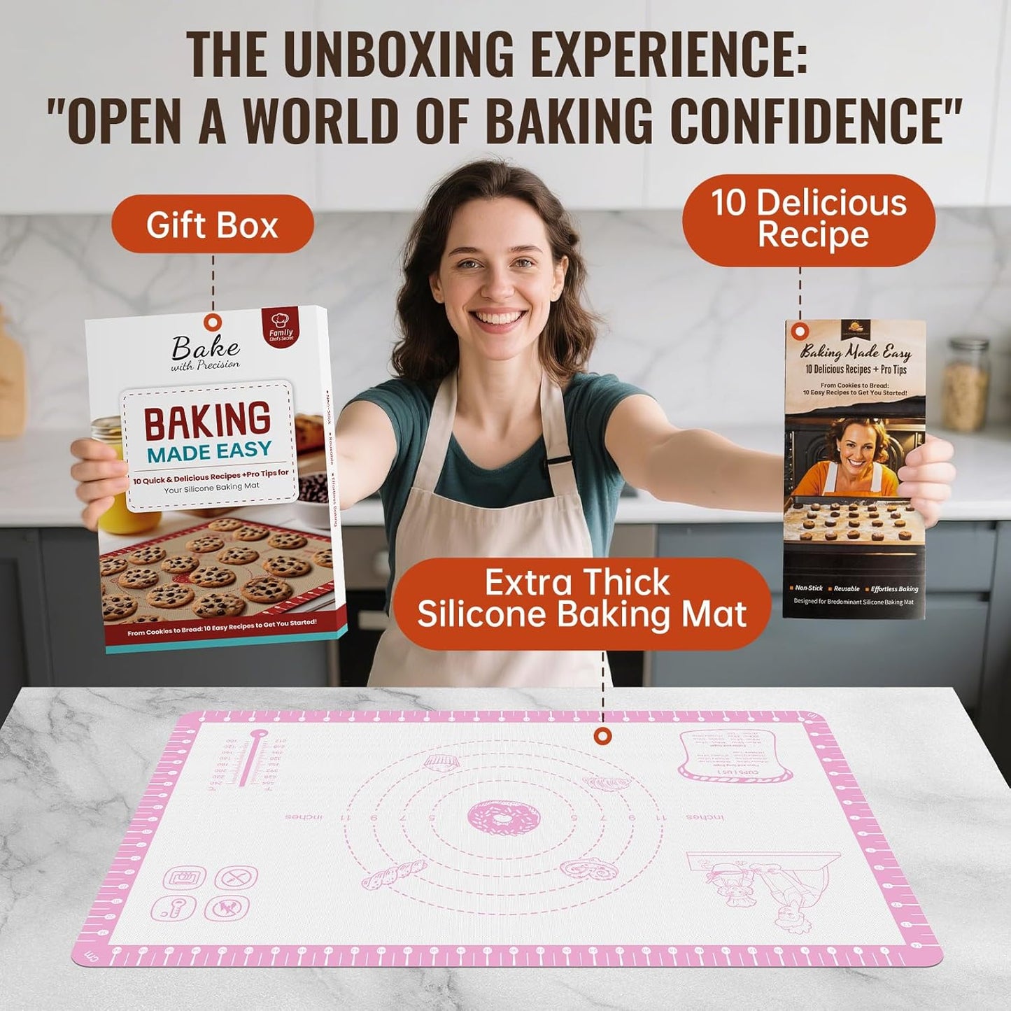 Non Slip Silicone Baking Mat With 10 Useful Recipes, Non Stick Dough Mat for Rolling Out, Silicone Mat for Baking,Cookie, Macaron, Pizza, Surdough, Extra Large and Oven Safe