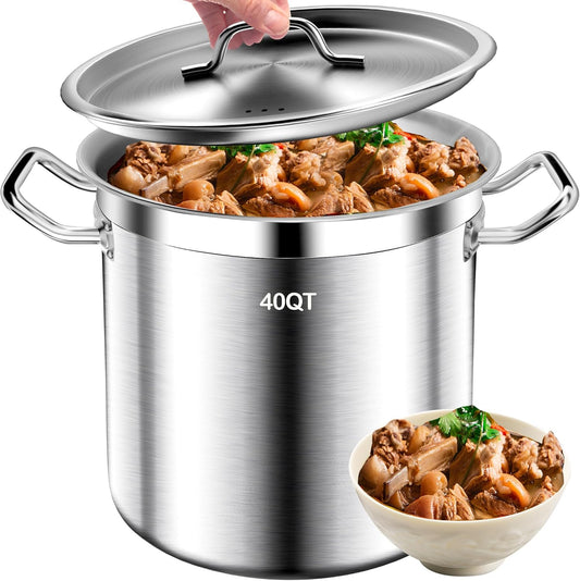 Stock Pot - 40QT Large Soup Pot with Lid - Heavy Duty Induction Tri-Ply Bottom Commercial Grade Stockpot for Boiling Cooking Soup Stew Pasta Cooking Pots, Deep Cookware