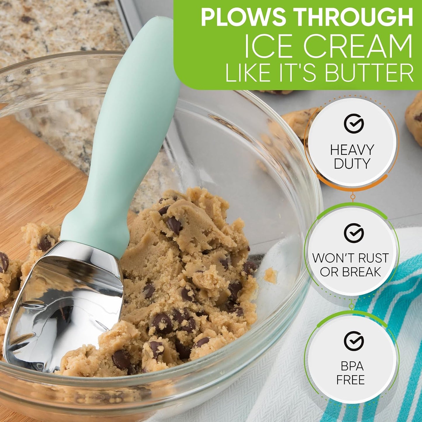 Spring Chef Heavy Duty Ice Cream Scoop with Comfortable Handle, Premium Ice Cream Scooper for Cookie Dough, Frozen Yogurt, Gelato, Sorbet, Melon - Dishwasher Safe Kitchen Tools - 2 Pack - Mint