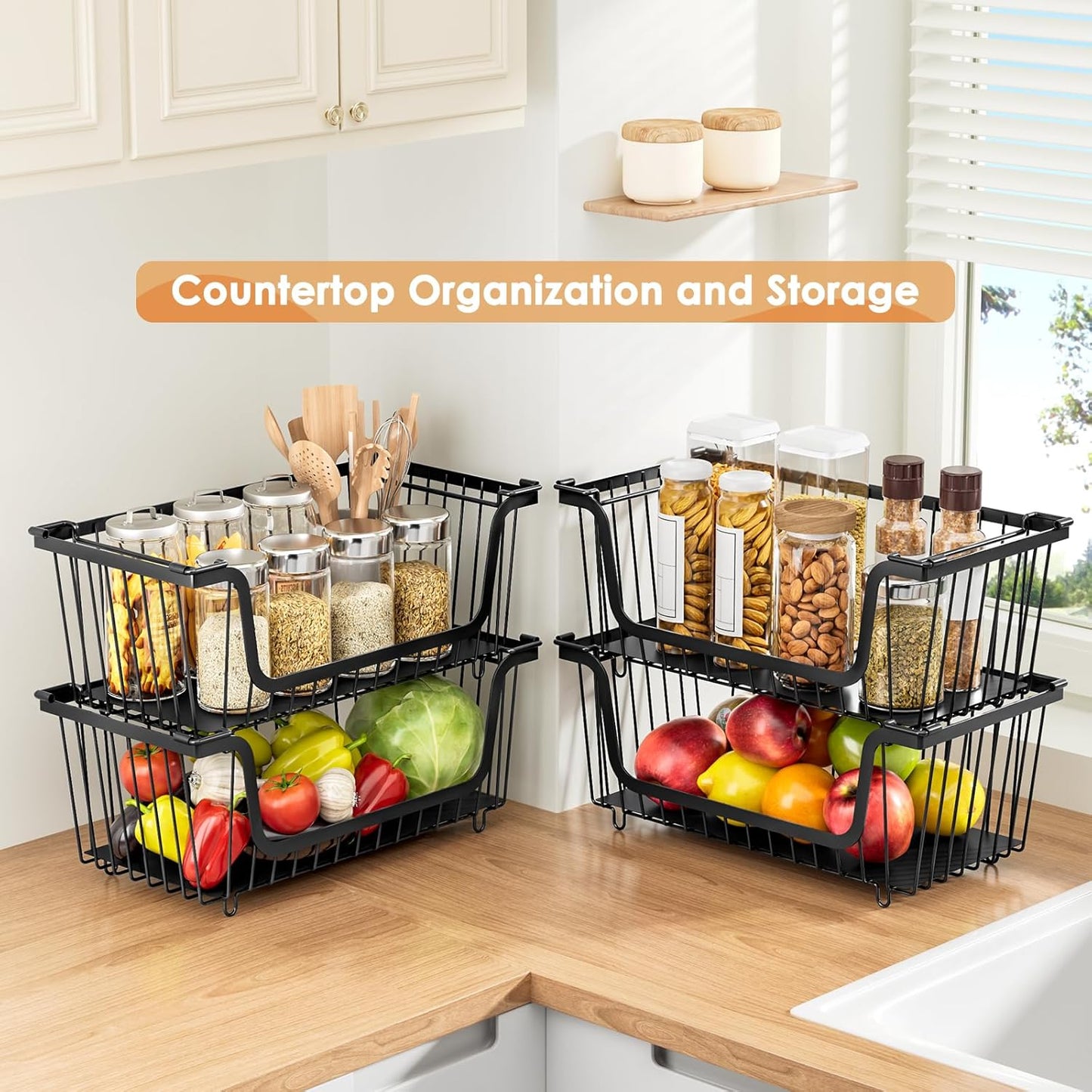 4 Pcs Stackable Wire Baskets for Pantry Organizers and Storage,Kitchen Storage Metal Baskets,Produce Potato Onion Storage Bin,Vegetable Fruit Basket for Countertop,Black