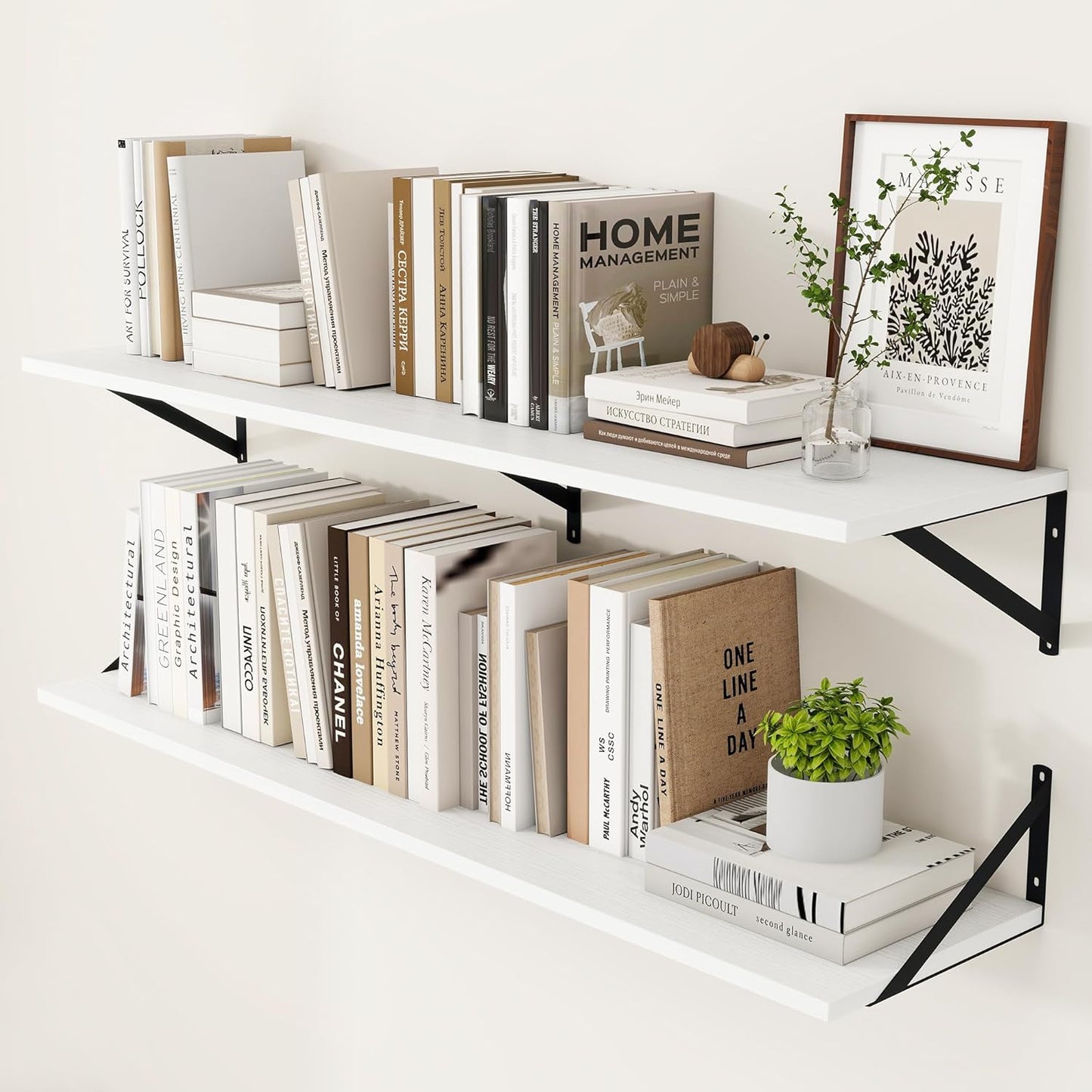 Heimlove White Deep Floating Shelves for Wall, 48W x 12D Wood Wall Shelves Set of 2, Wide Floating Bookshelf for Living Room, Kitchen, Office, Bedroom and Decor Storage, with Black Bracket - White