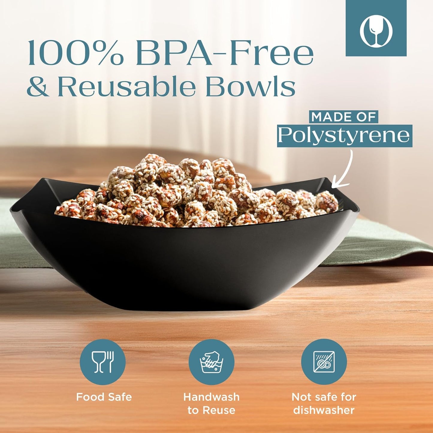 Posh Setting - Black Plastic Serving Bowls (32oz - 4 Pack) Square, Disposable, Salad & Fruit Bowls for Party Table, Candy Containers for Candy Buffet