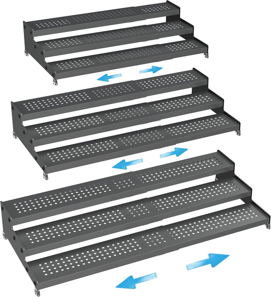 Expandable Spice Rack organizer with 3-Tier step shelf,Modern Design heavy duty,Non Skid and Visibility,Great for Kitchen Cabinet, Pantry and more(3PACKS/GUN-GREY)