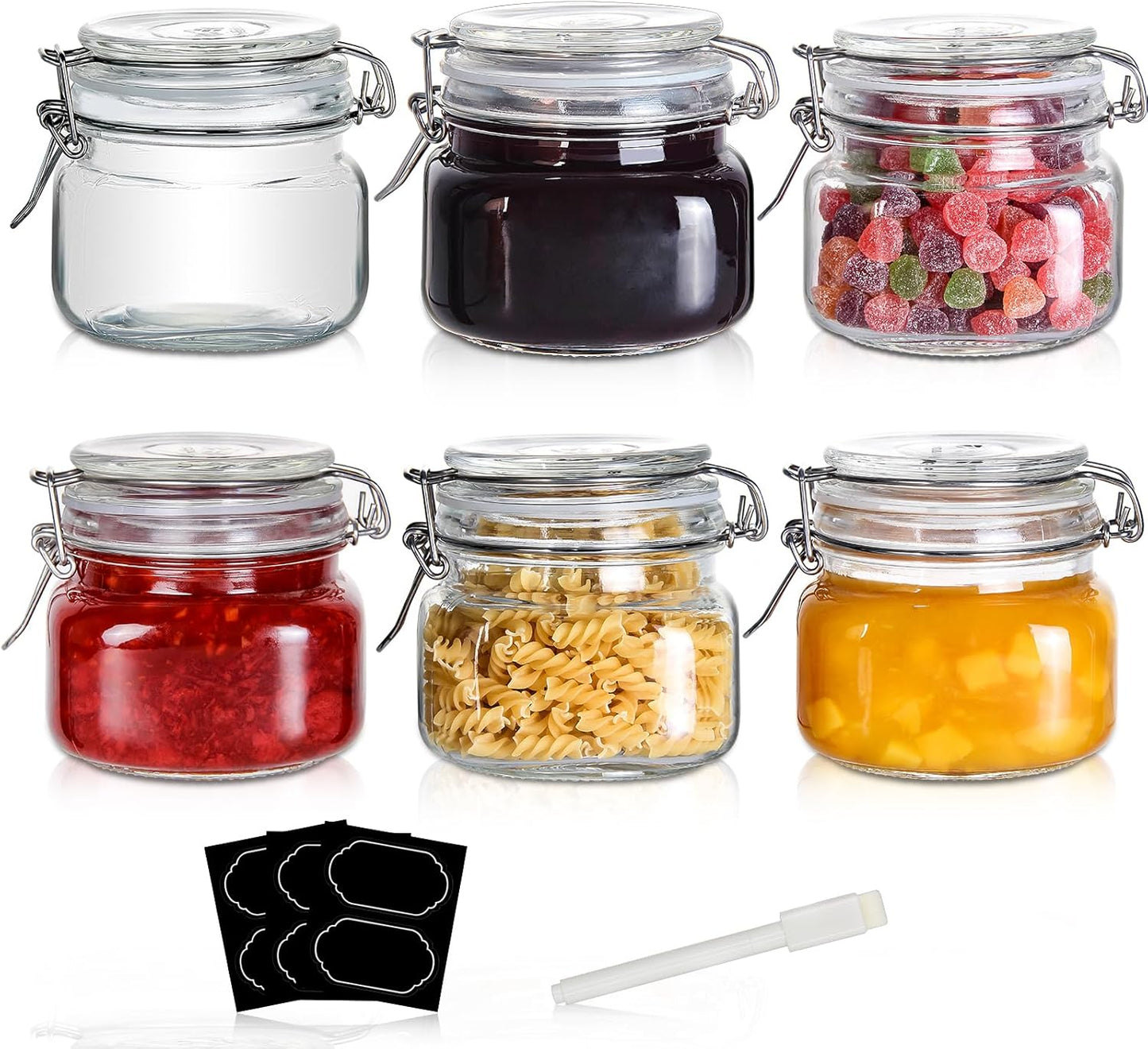 YEBODA 16oz Food Storage Canister Glass Jars with Clamp Airtight Lids and Silicone Gaskets for Multi-Purpose Kitchen Containers - Clear Square (6 Pack)