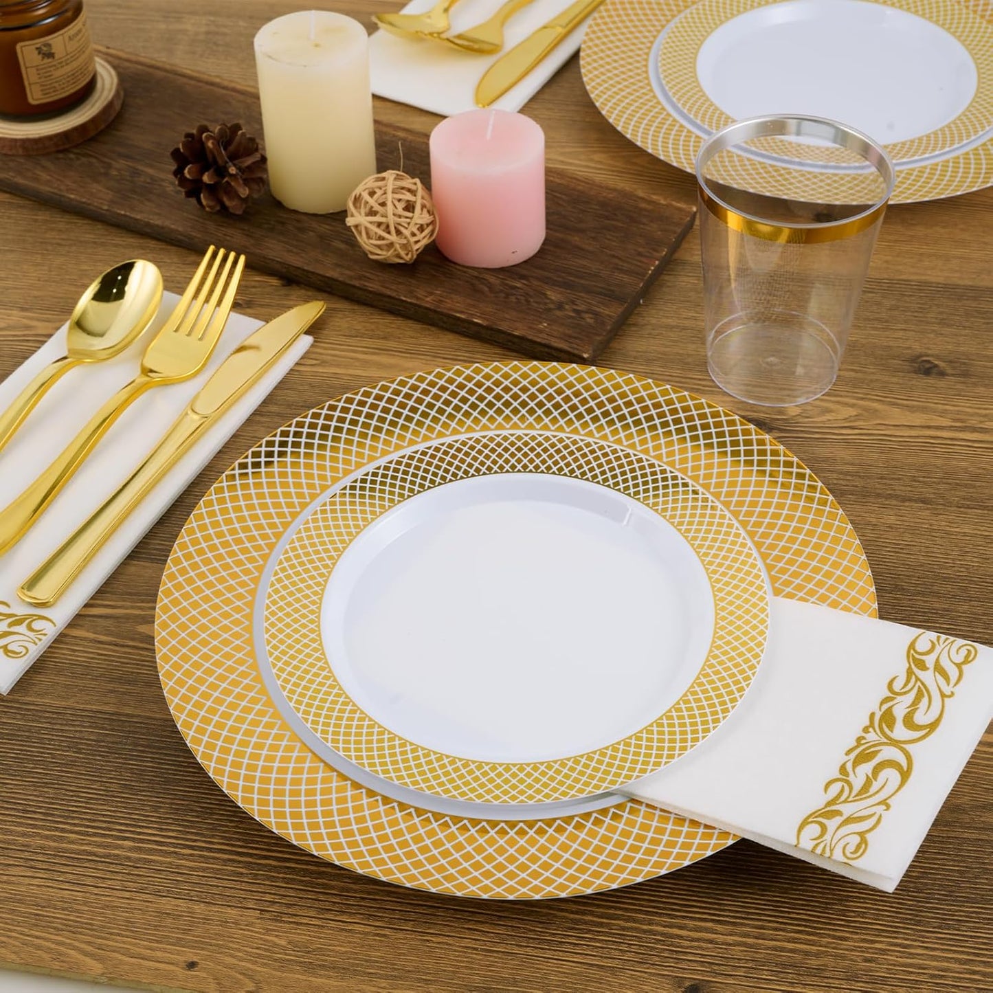 FOCUSLINE Gold Plastic Plates Set of 102, Disposable Plates with Gold Grid Rim 51 Dinner Plates 10" and 51 Salad Dessert Appetizer Plates 7", Elegant Fancy Heavy Duty Wedding Party Plates