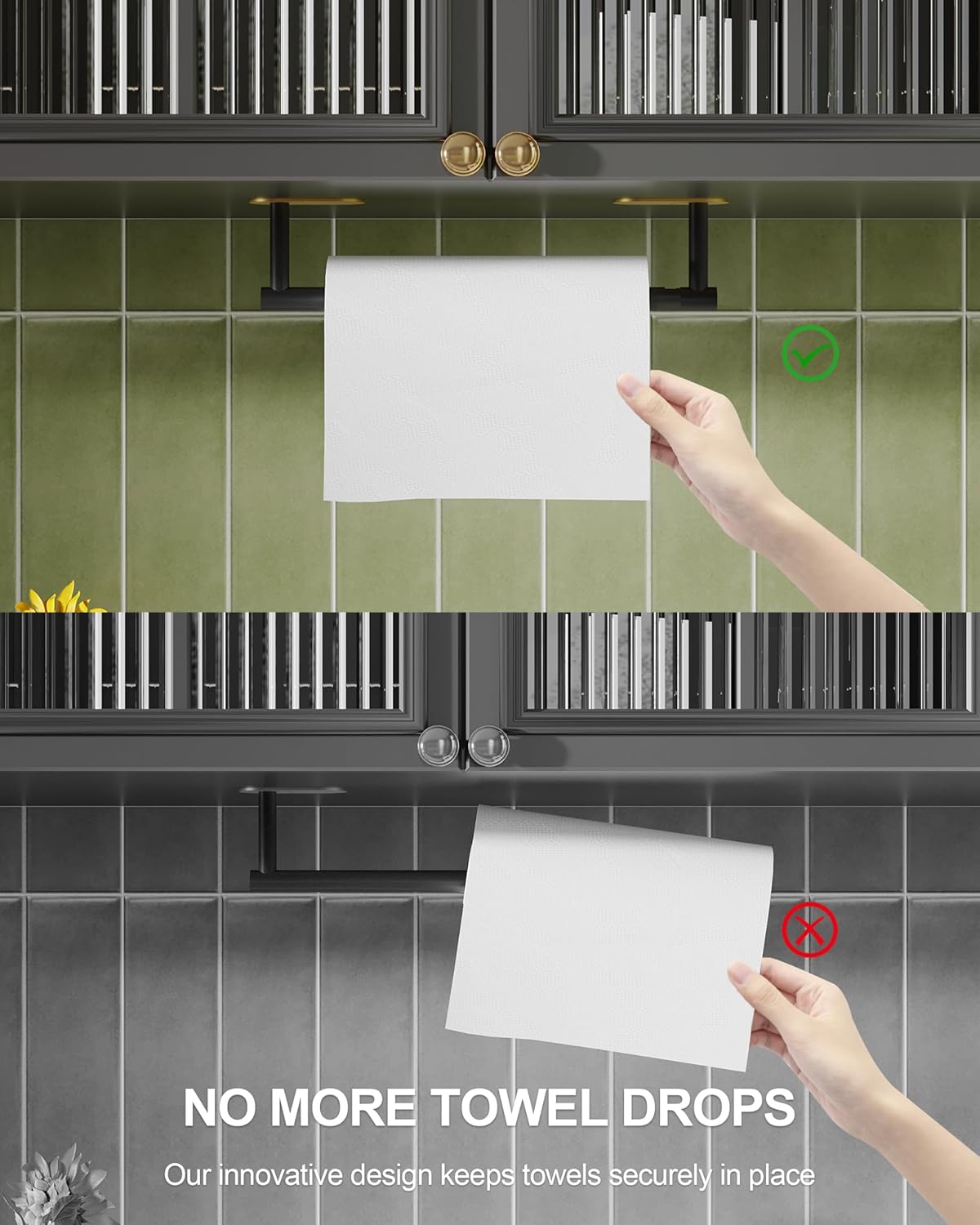 Paper Towel Holder Under Cabinet Black and Gold, Self Adhesive or Wall Mounted SUS304 Stainless Steel Paper Towel Holder for Kitchen, Bathroom, Farmhouse, Barbecue and Laundry (Black&Gold)