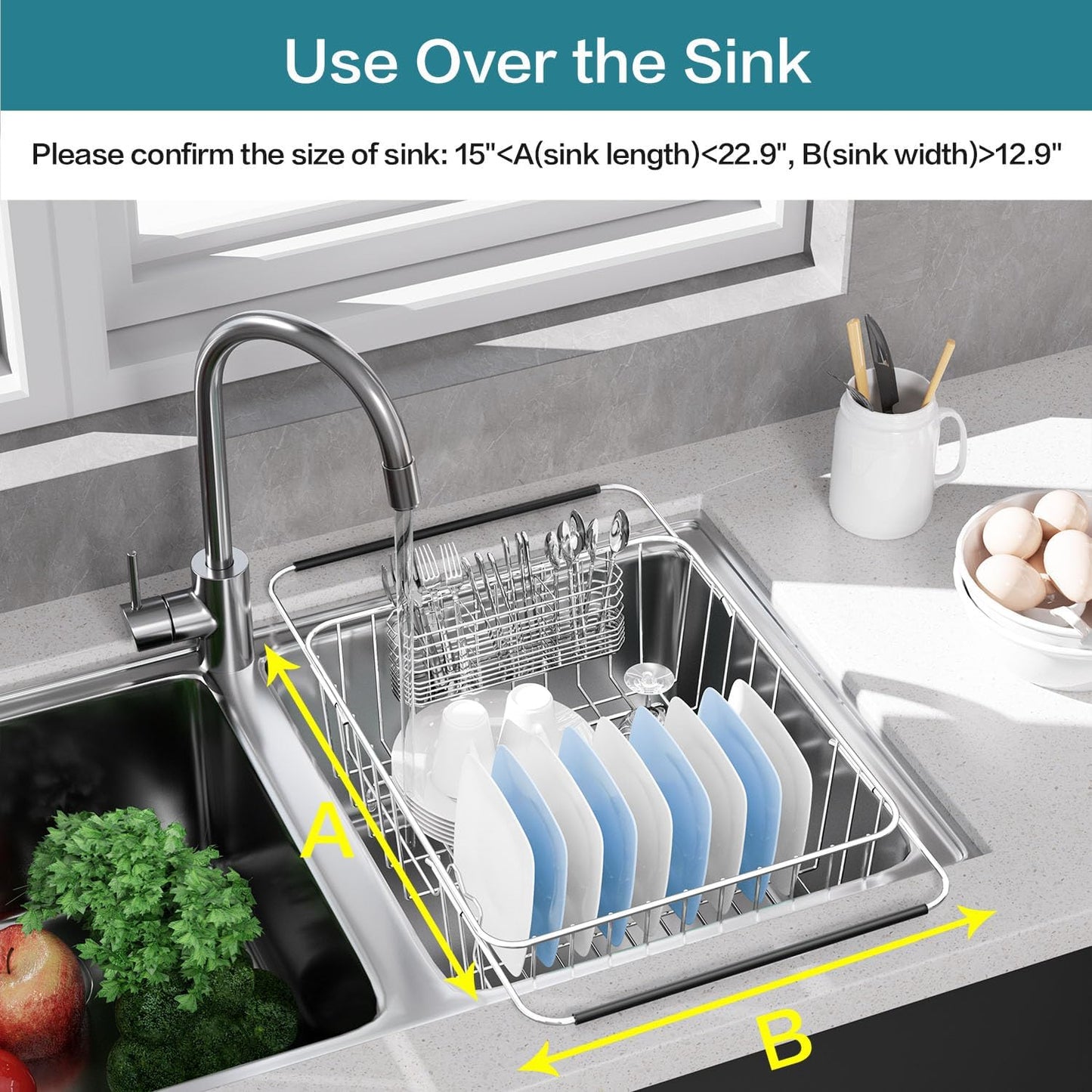 Large Dish Drying Rack in Sink Expandable, Adjustable304 Stainless Steel Metal Dish DrainerRack Organizer with Stainless Steel Utensil Holder Over Inside Sink Counter, Rustproof