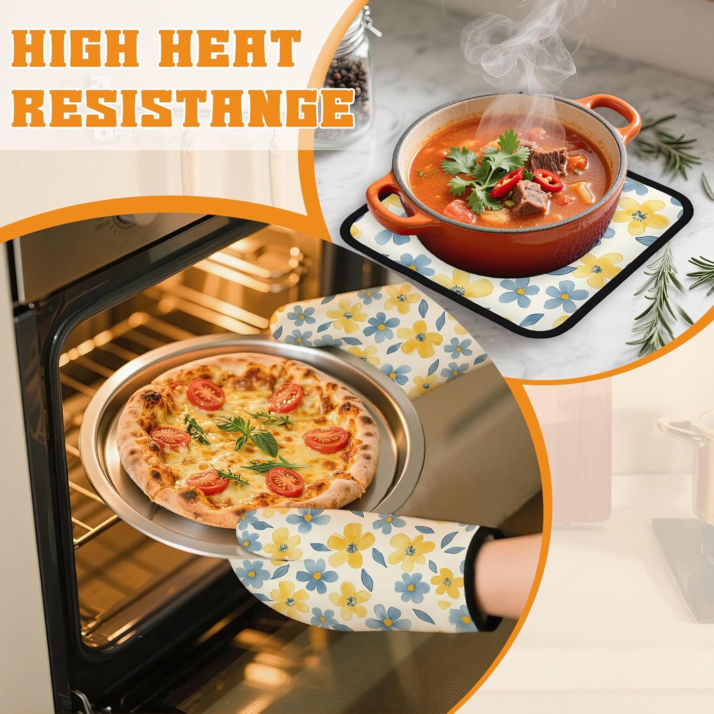 Cute Floral Oven Mitts and Pot Holders,Yellow Blue Flower Heat Resistant Oven Mitts Gloves and Pot Holder for Home Kitchen Decorations Cooking Baking BBQ Gifts,Set of 4