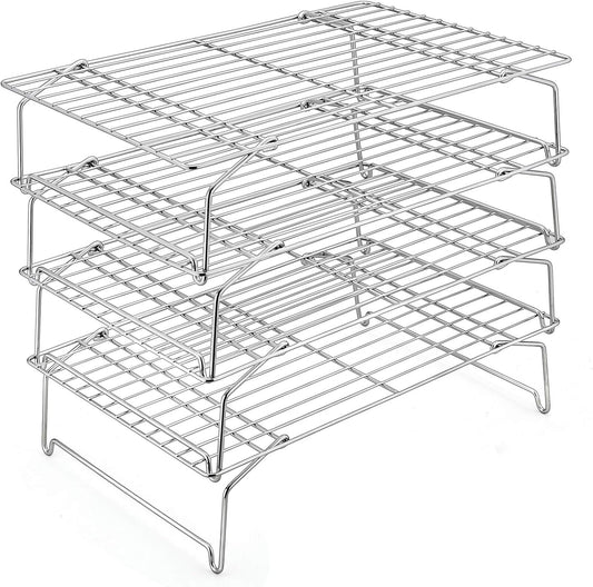P&P CHEF 4-Tier Cooling Rack Set, Stainless Steel Stackable Baking Cooking Racks for Cooling Roasting Cooking, Raised & Folding Feet, Oven Safe & Easy Clean, 15" x 10", Silver