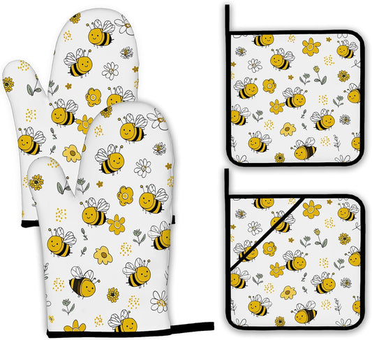 Cute Bee Oven Mitts and Pot Holders,Flower Heat Resistant Oven Mitts Gloves and Pot Holder for Home Kitchen Decorations Cooking Baking BBQ Gifts,Set of 4