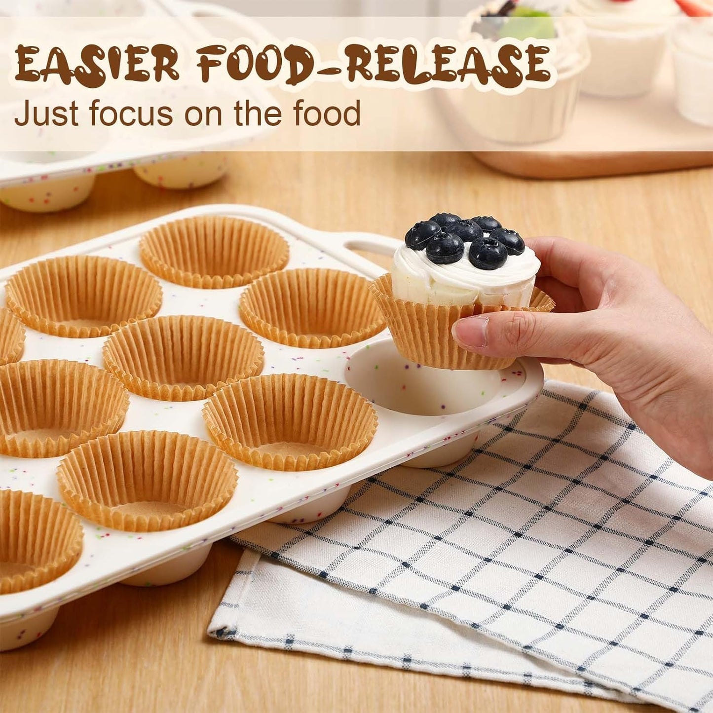 2 Silicone Muffin Pans for Baking with 200 Mini Cupcake Liners, Back to School 1st First Day of School Kitchen Dorm Room Bakeware Supplies, Muffin Tin(12-Cup Regular)