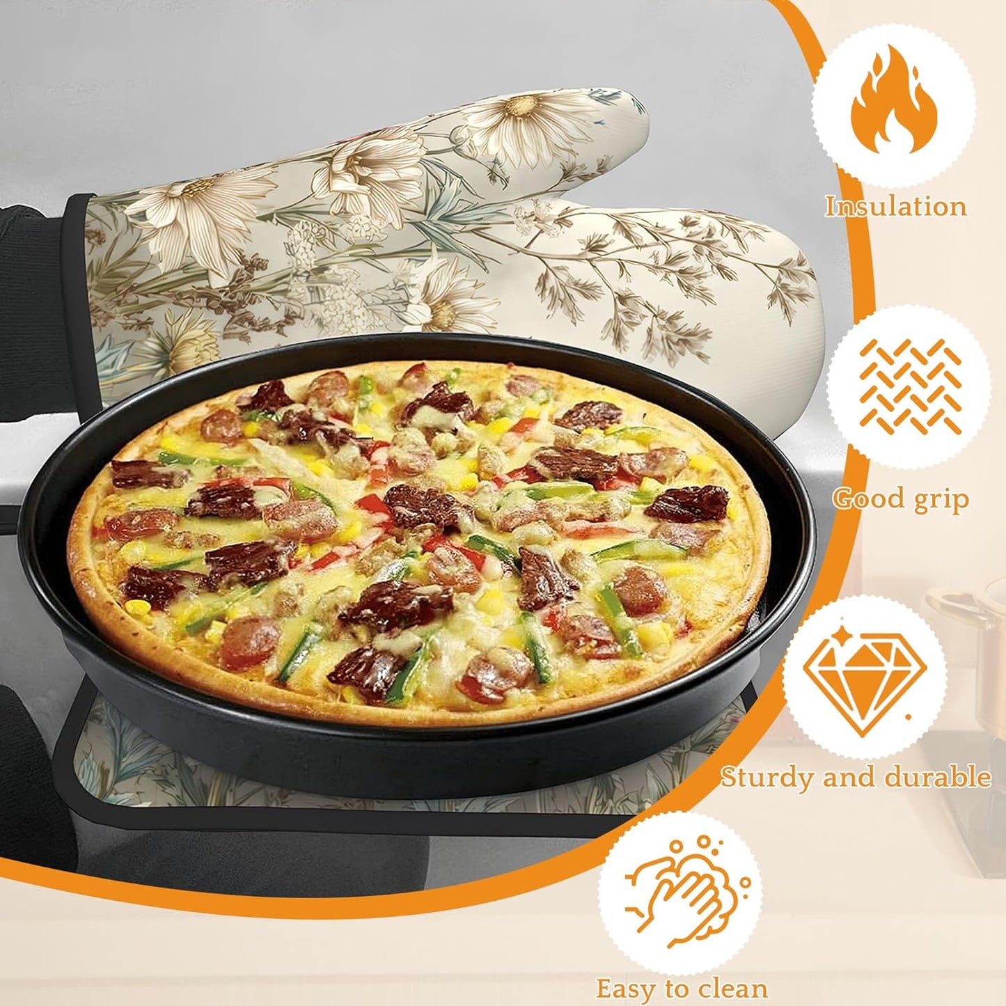 Vintage Wildflowers Oven Mitts and Pot Holders,Floral Botanical Herbs Heat Resistant Oven Mitts Gloves and Pot Holder for Home Kitchen Decorations Cooking Baking BBQ Gifts,Set of 4