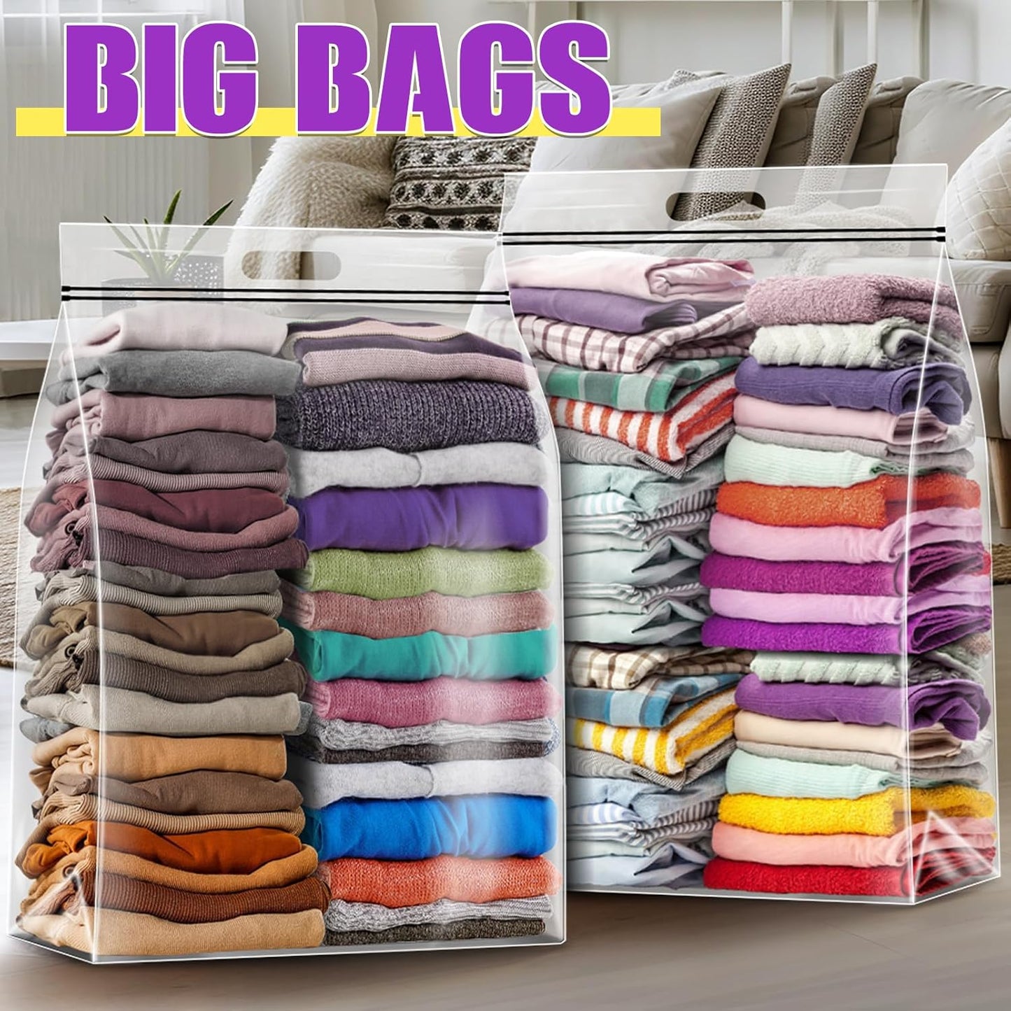25 Gallon Extra Large Storage Bags 35”x 24”Resealable Clear Bags with Handle 4 Mil Thick Heavy Duty Big Bag for Clothes Pillow Travel Moving,Bedding,Shoes and Toys Storage, Pack of 3