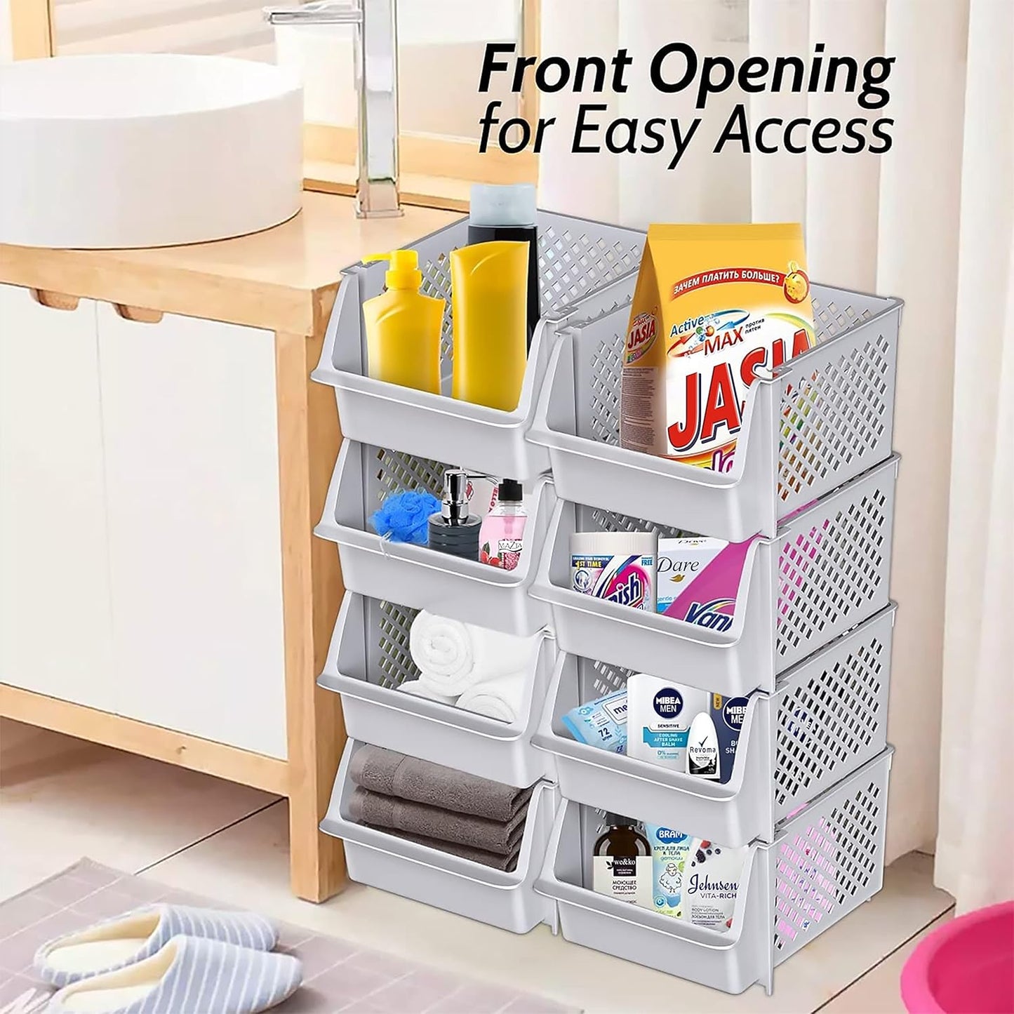 TidyFriend Stackable Storage Bins for Pantry, 4 Pack Stackable Bins For Organizing Food, Kitchen, and Bathroom Essentials (Light Grey)