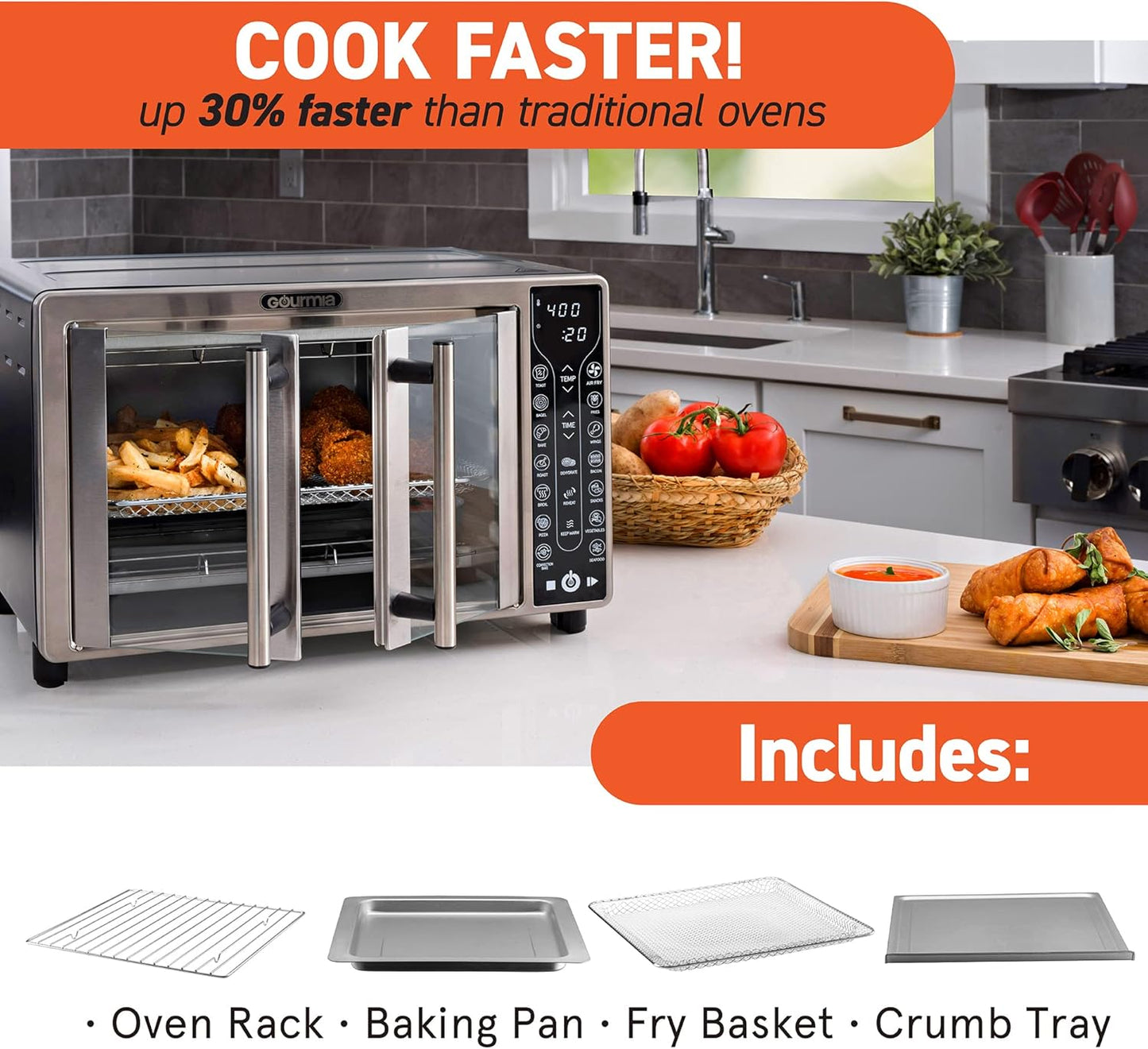 Gourmia Toaster Oven Air Fryer Combo 17 cooking presets 1700W french door digital air fryer oven 24L capacity accessories, convection rack, baking pan tray recipe book GTF7655,Large,Stainless Steel